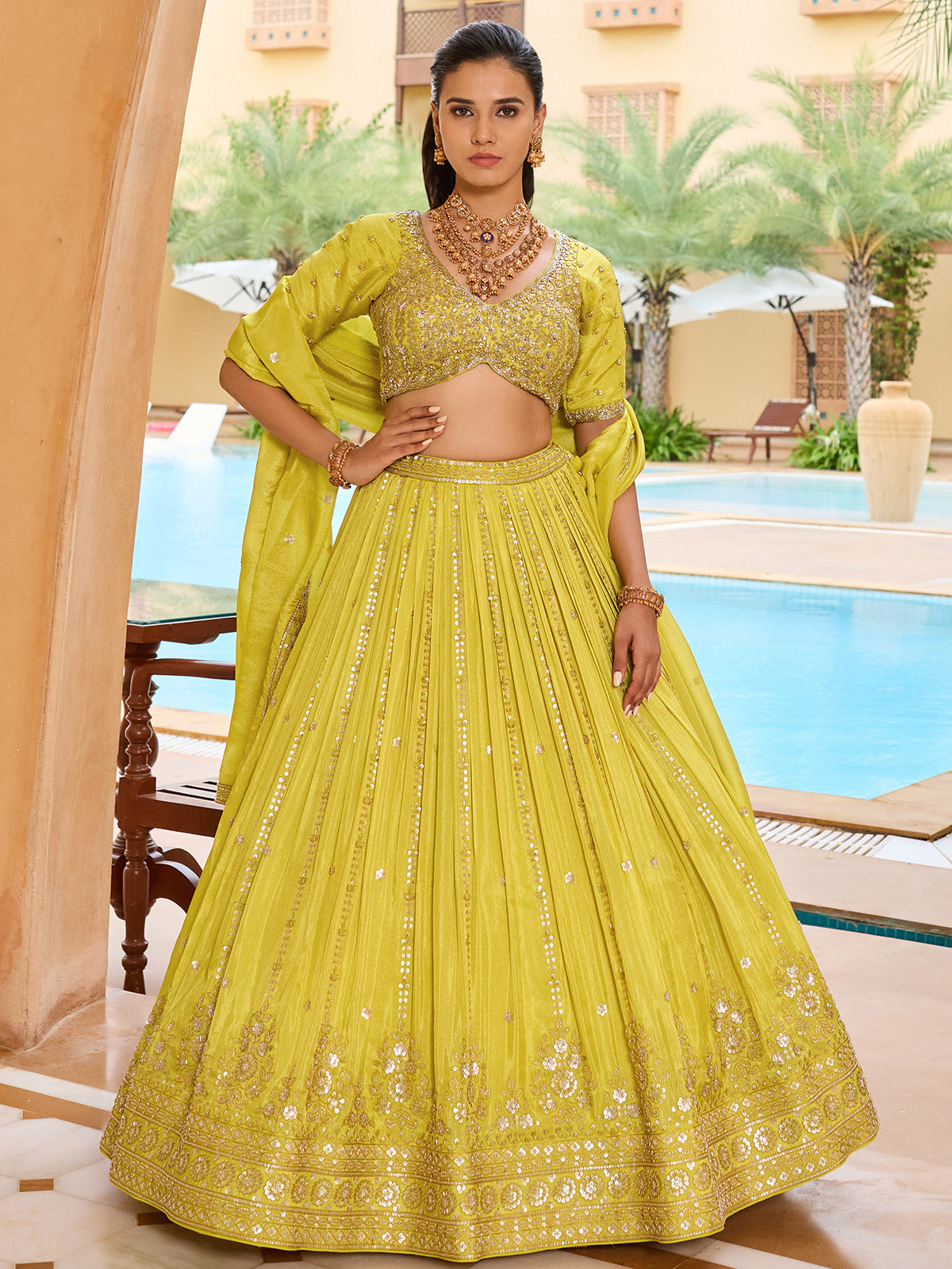 Lemon yellow silk wedding wear lehenga choli
