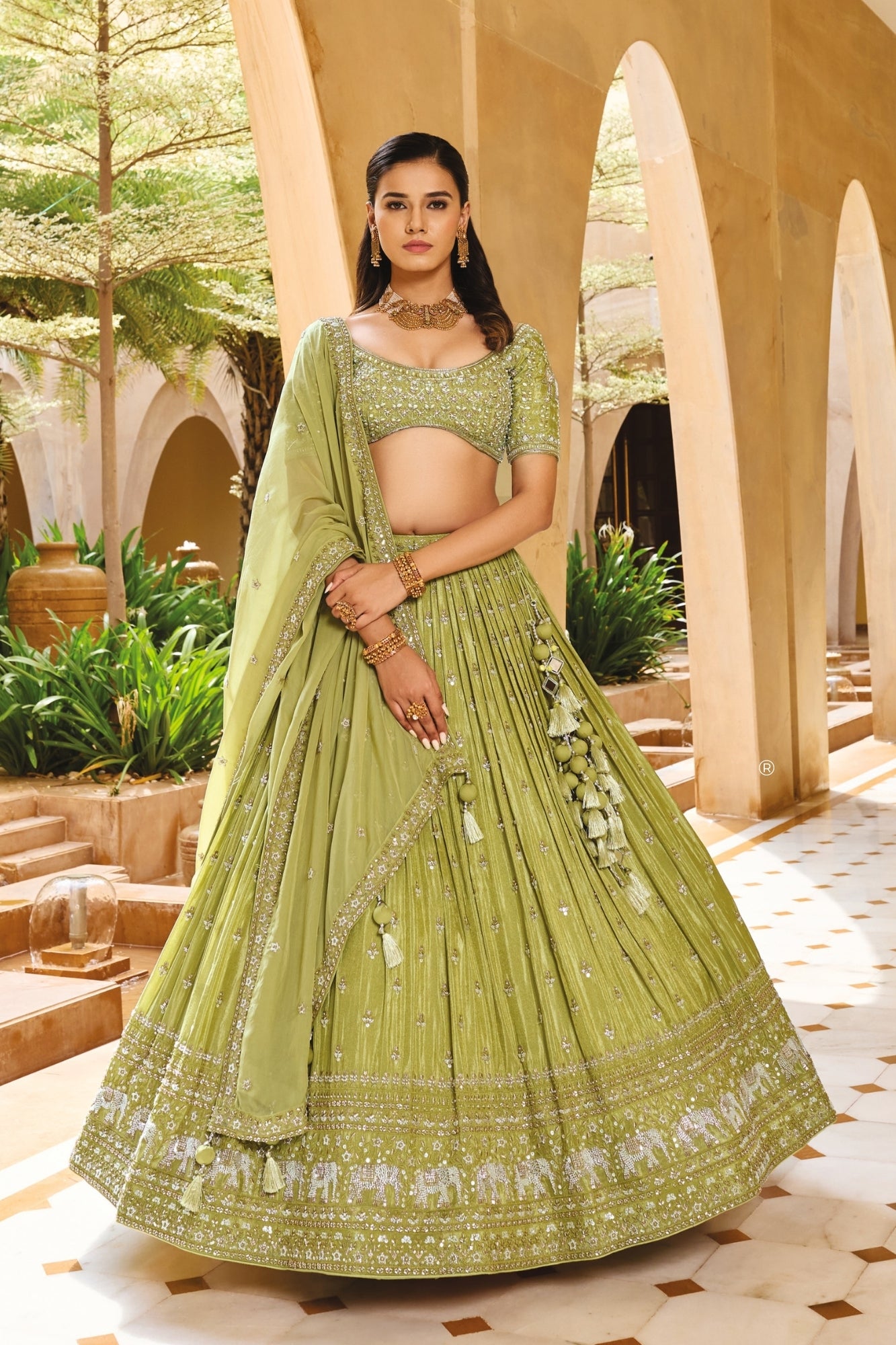Green Color Raw Silk Lehenga Choli - Rent