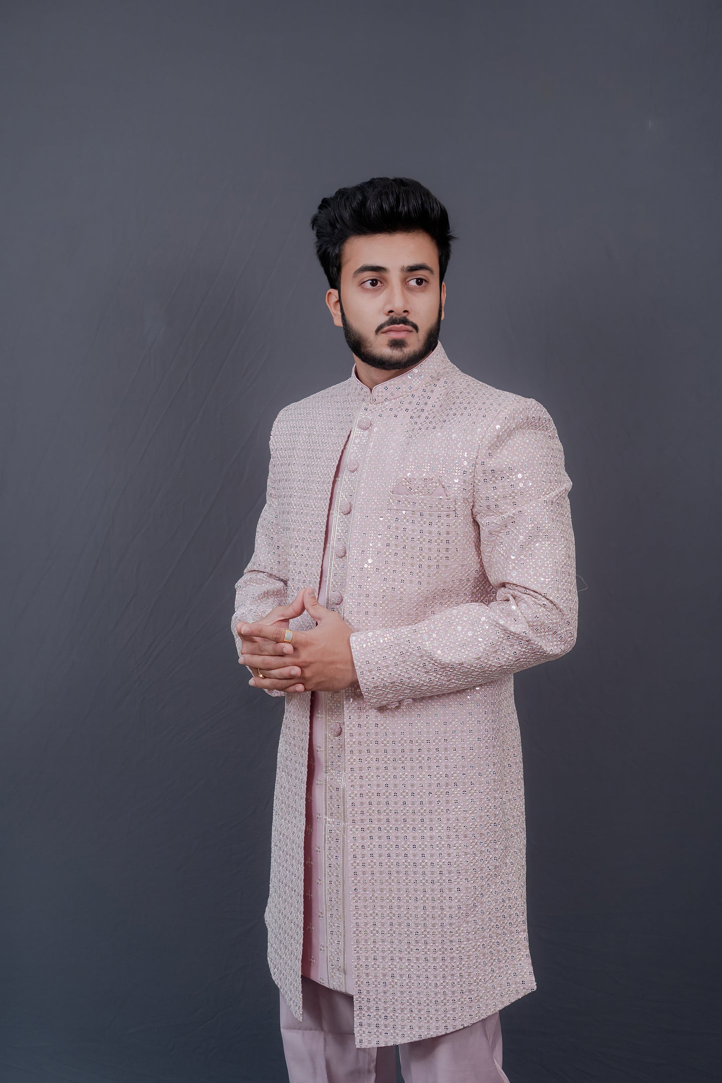 Luxe Blush Pink Sequin-Embroidered Sherwani