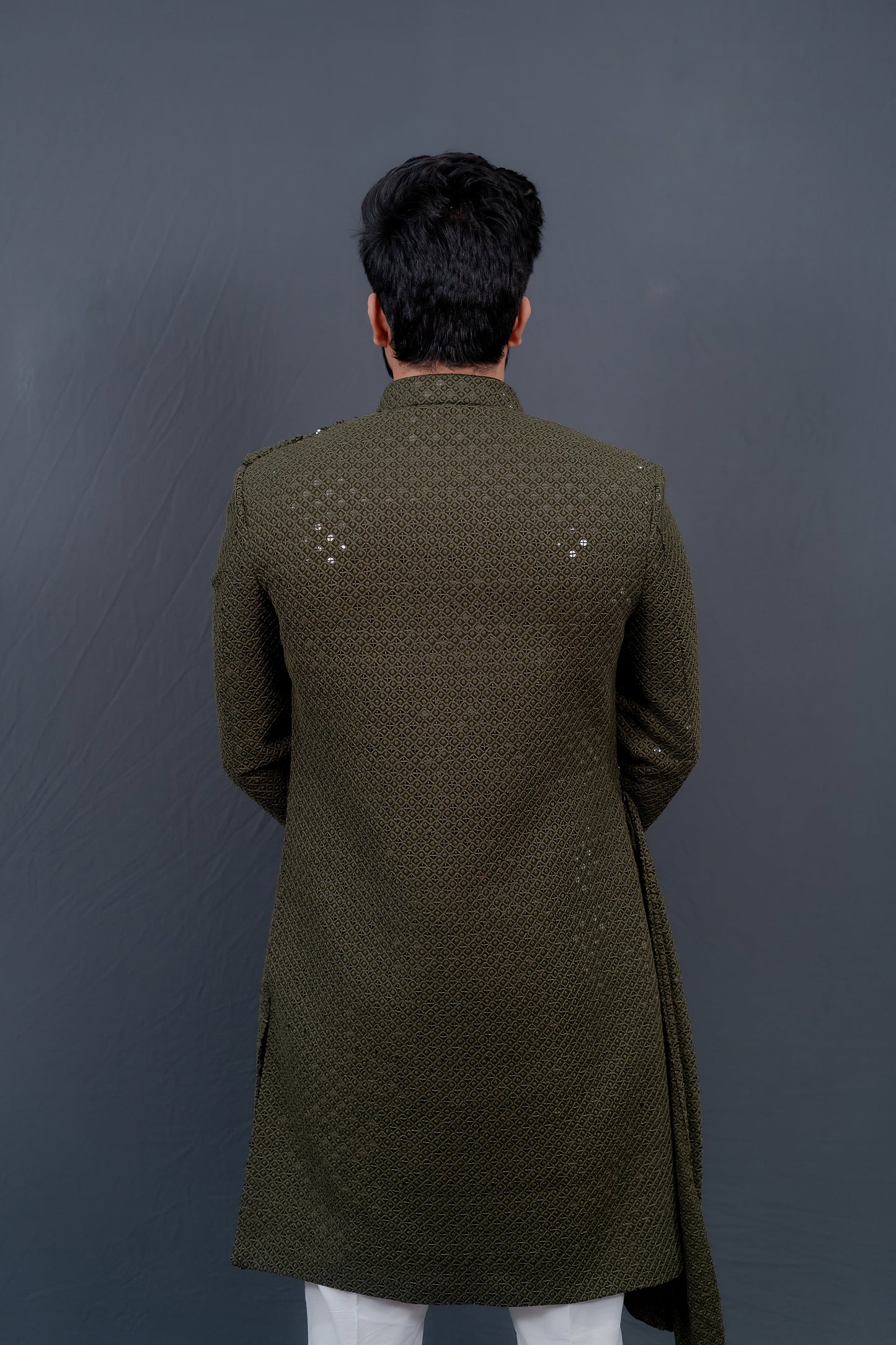 Men's Olive Green Sherwani with Attached Embroidered Drape