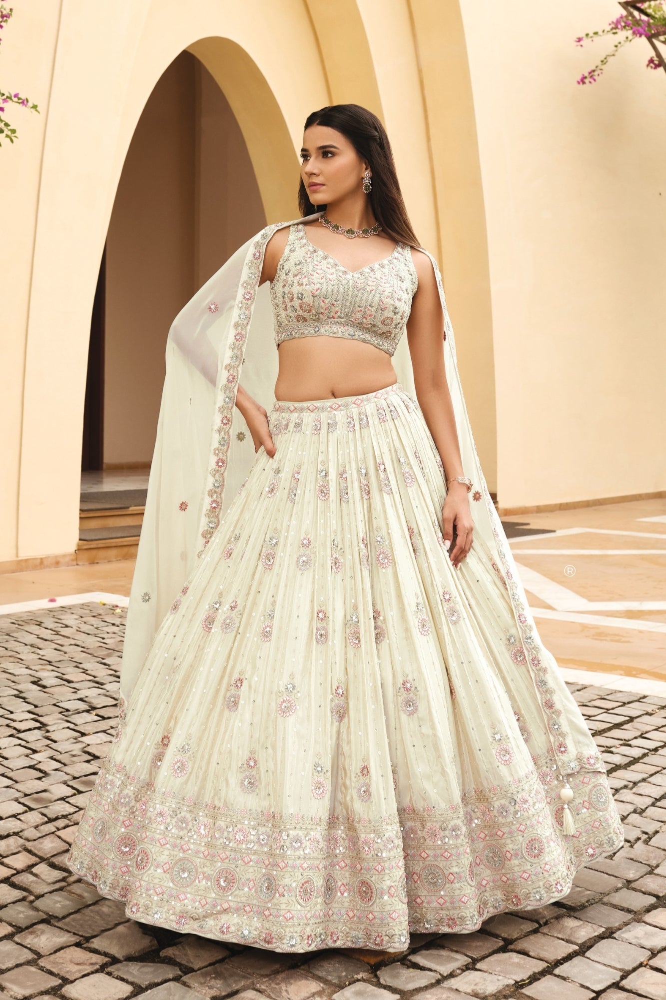 Off White Hand Embellished Lehenga