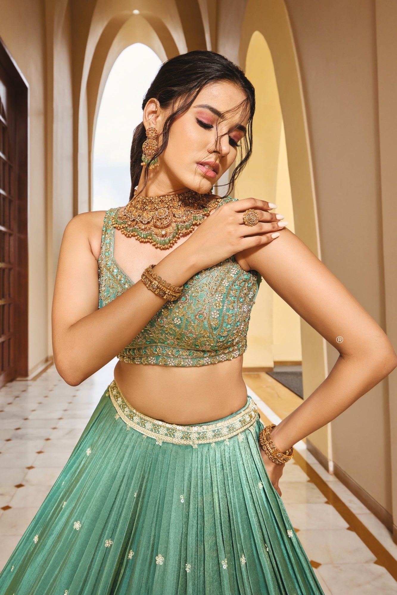 Teal Designer Embroidered Lehenga Set