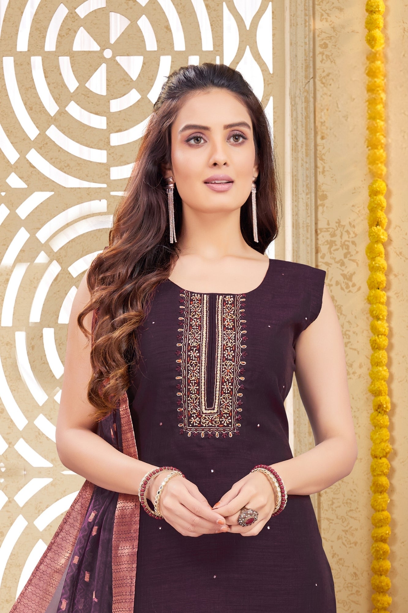 Purple Embroidered Pant Suit In Silk