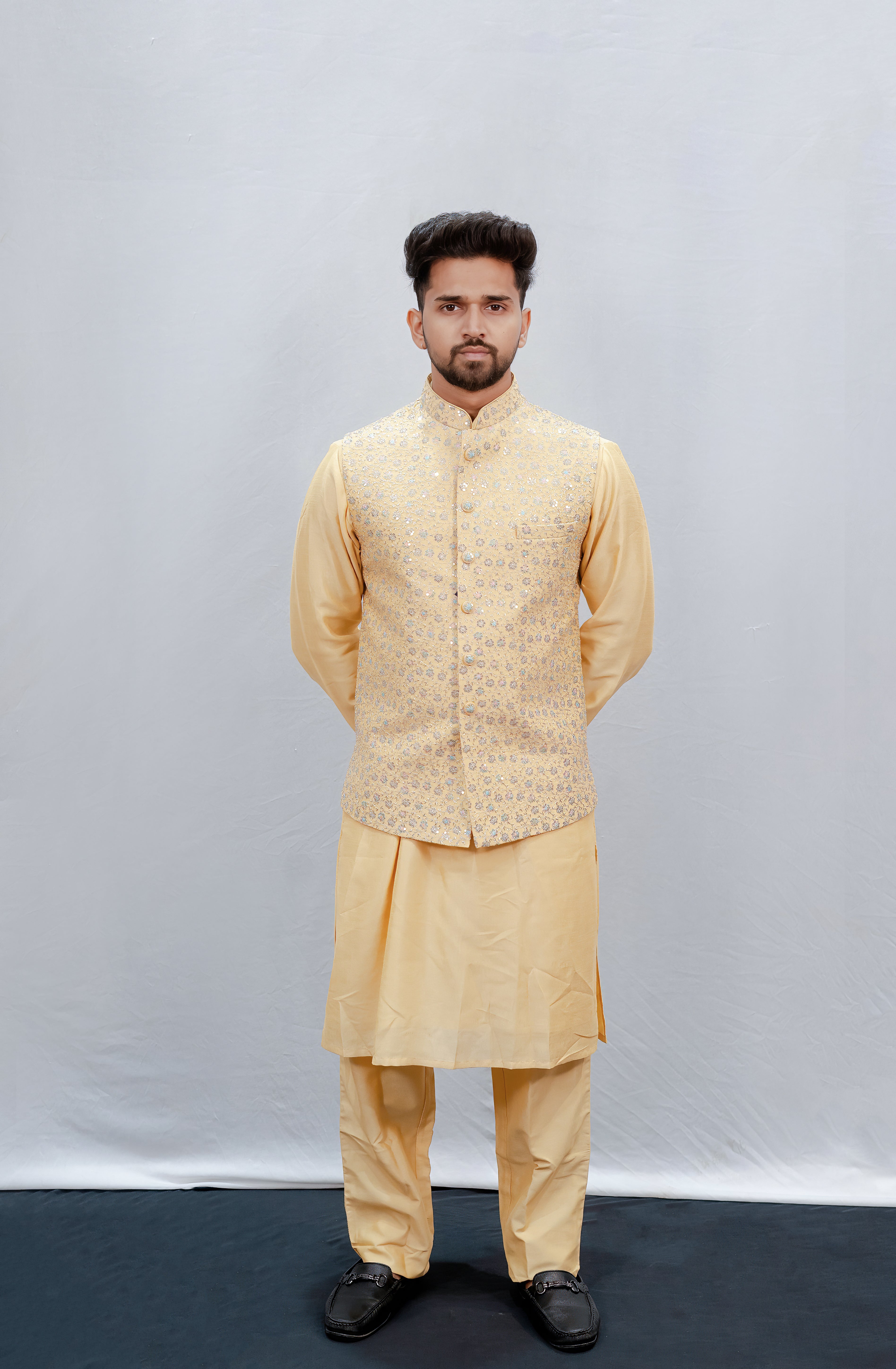 Elegant Golden Embroidered Jacket Kurta Set for Men