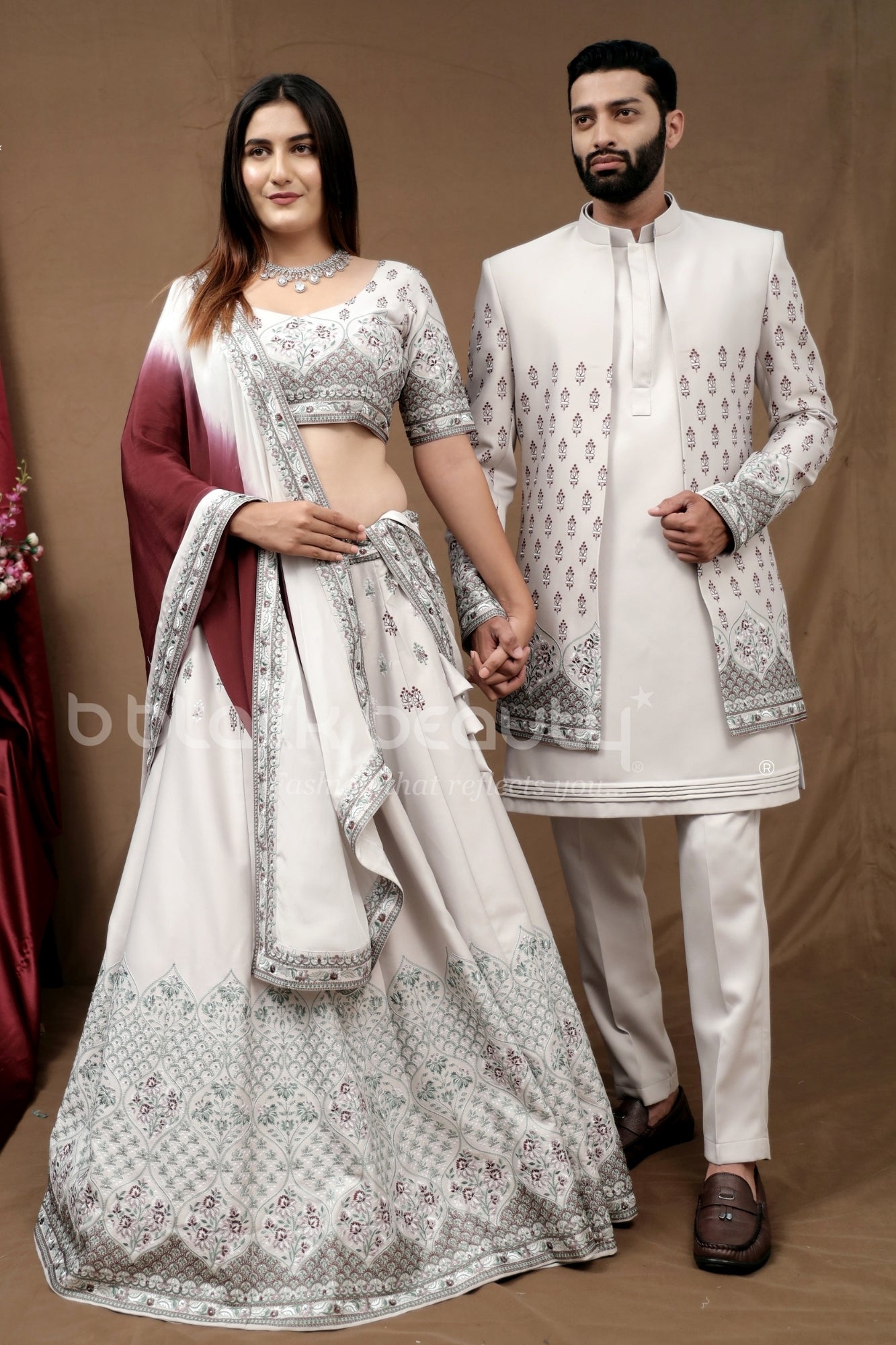 Elegant Couple Set: Men's Indo Western Sherwani and Women's Designer Lehenga Choli