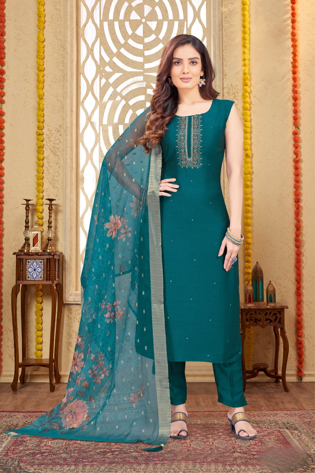 Elegant Teal Embroidered Suit with Floral Dupatta