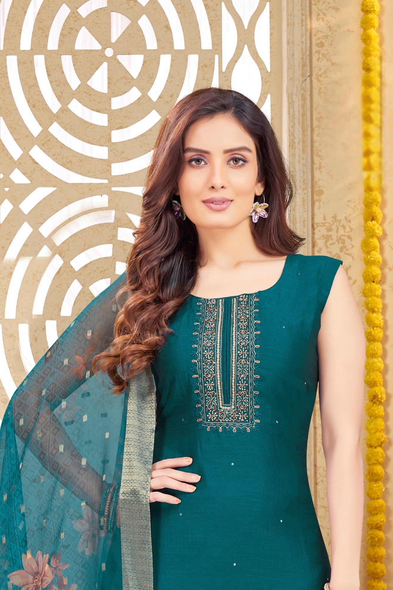 Elegant Teal Embroidered Suit with Floral Dupatta