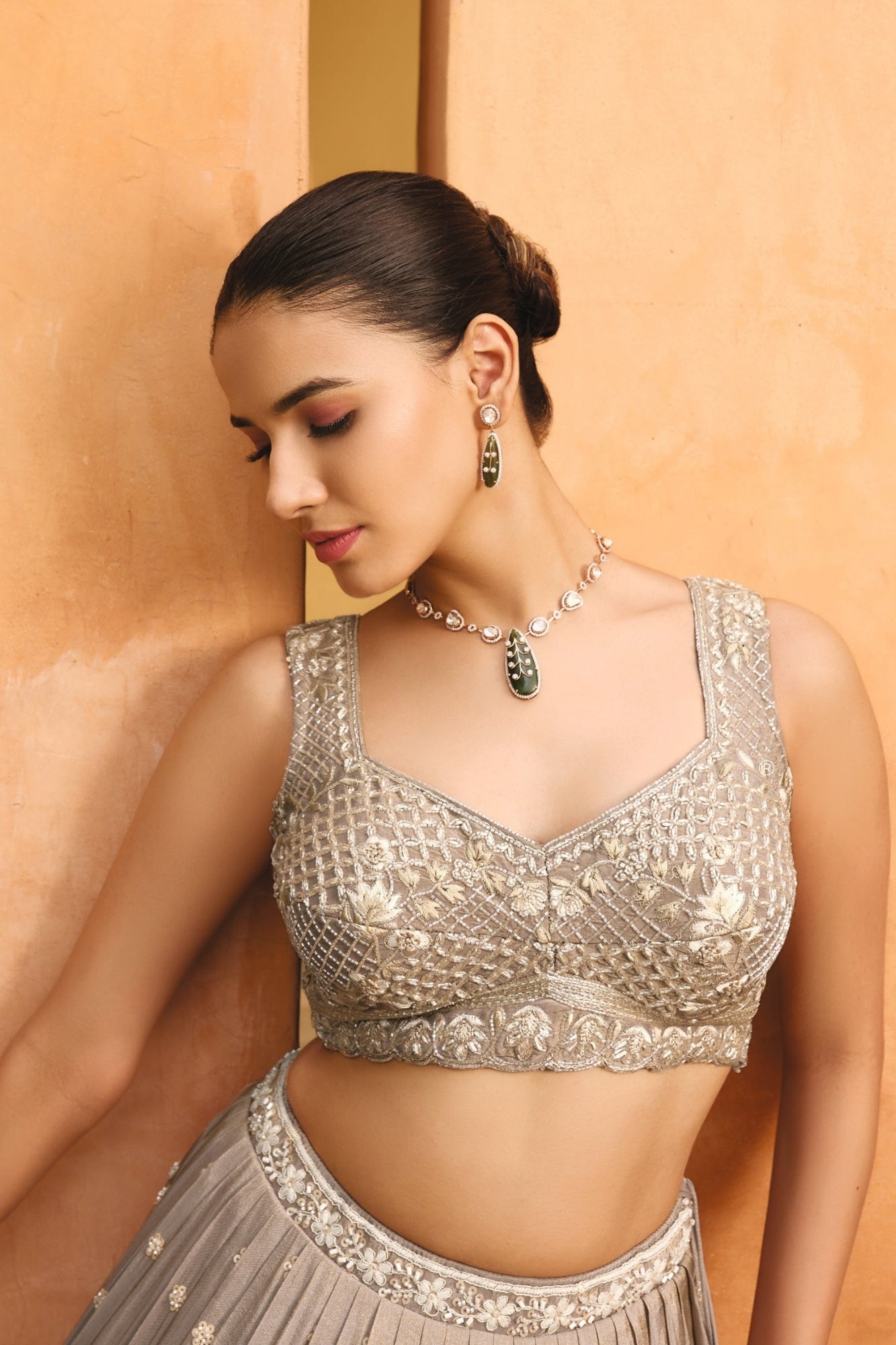 Grey Hand Embellished Lehenga