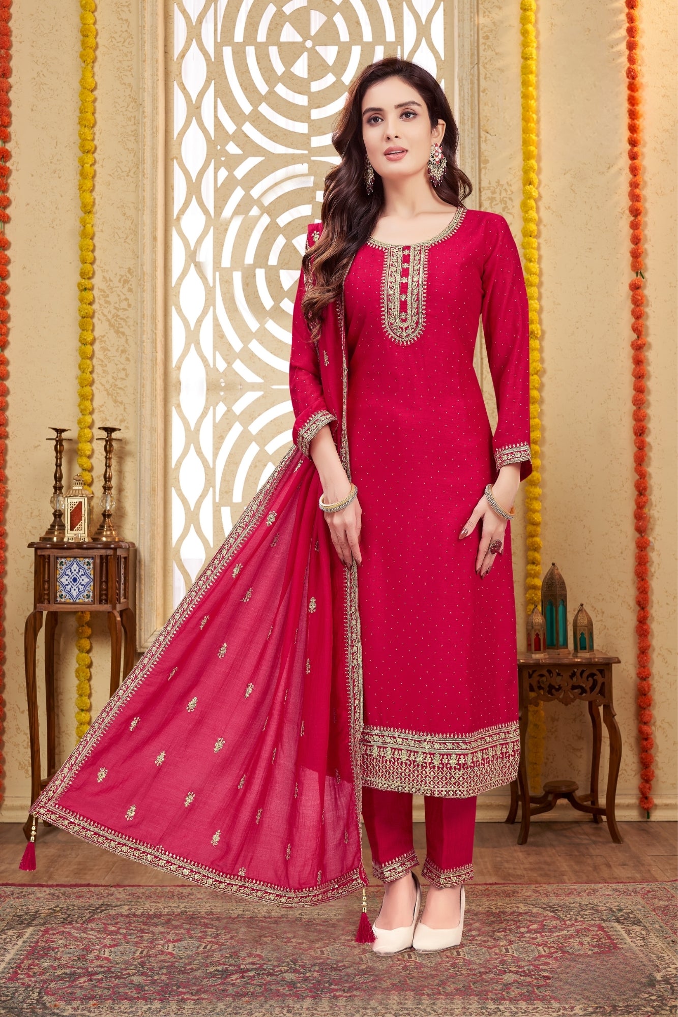 Elegant Red Embroidered Pant Suit with Dupatta