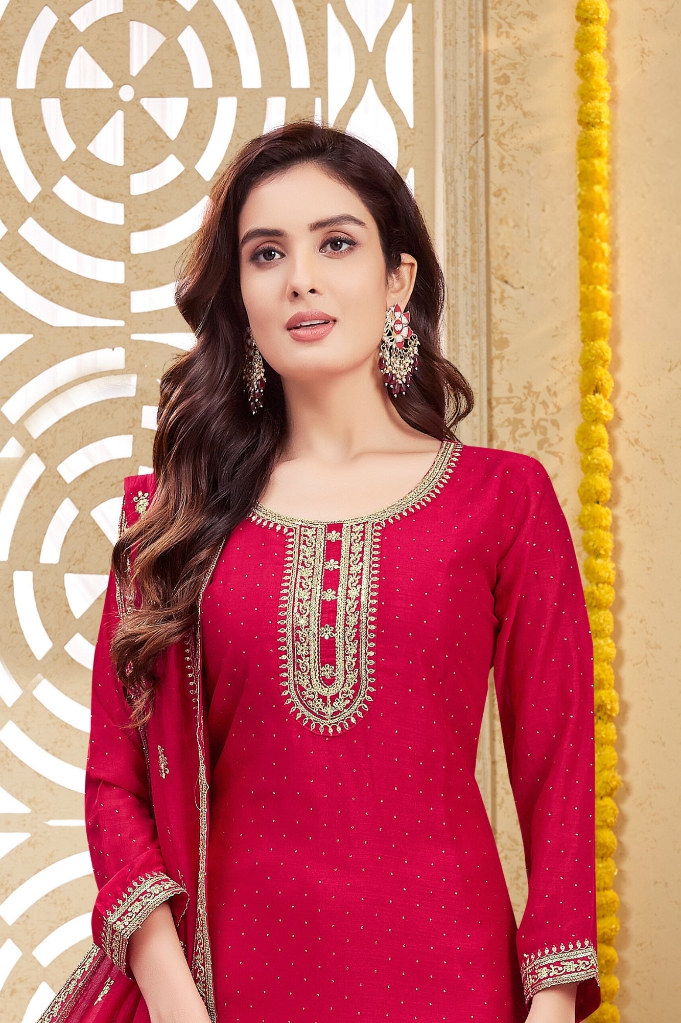 Elegant Red Embroidered Pant Suit with Dupatta