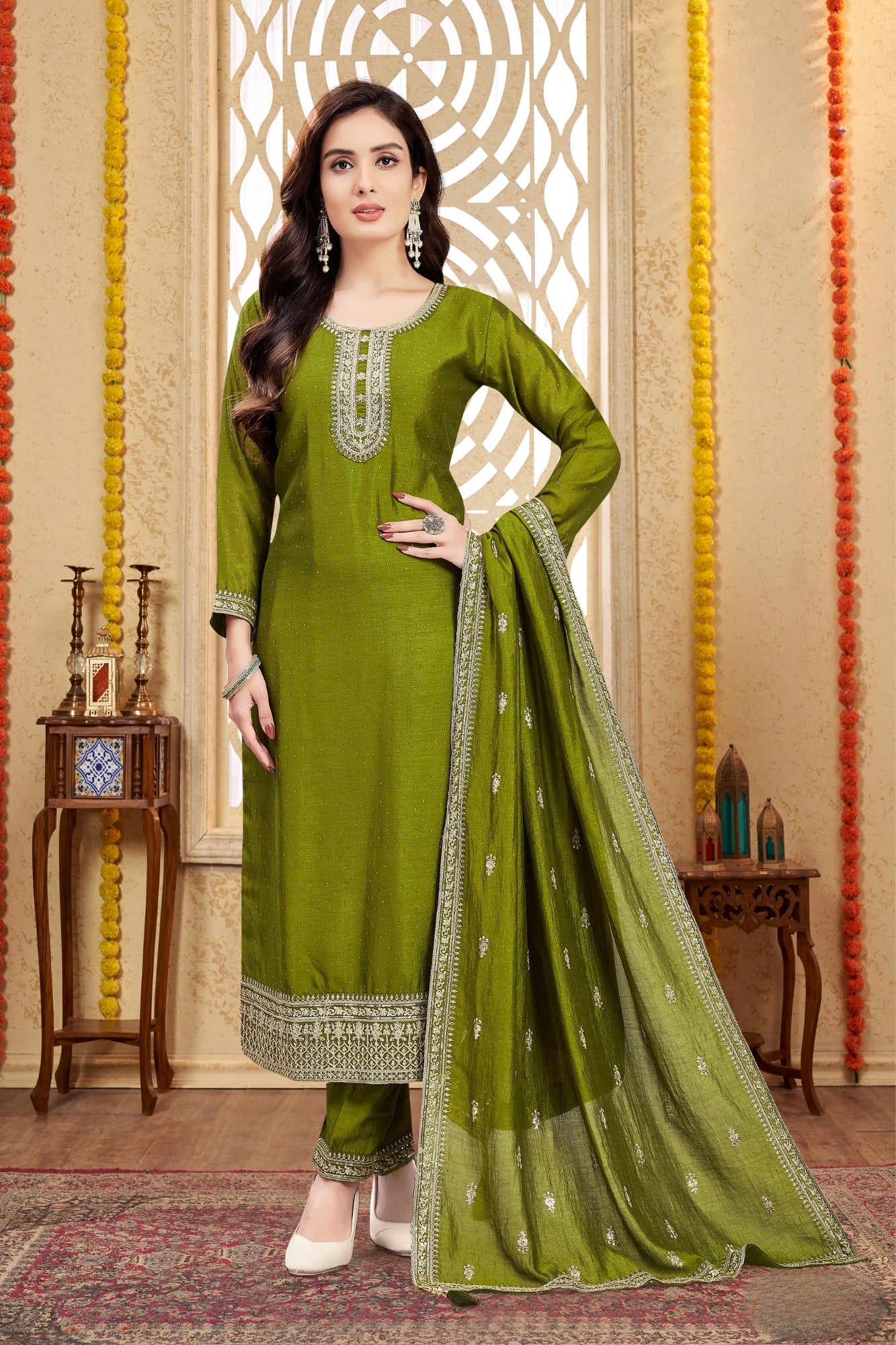 Elegant Olive Green Silk Embroidered Straight Suit with Dupatta