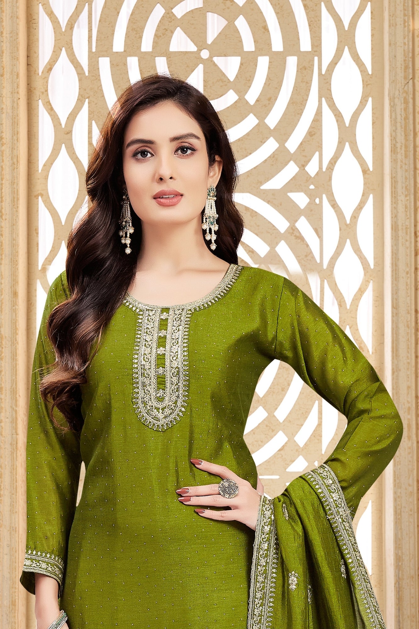 Elegant Olive Green Silk Embroidered Straight Suit with Dupatta