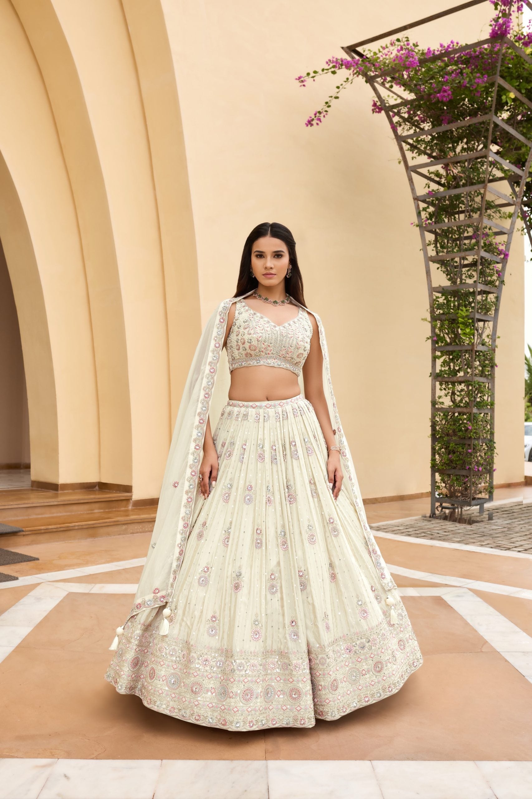 Cream Lehenga Choli Hand Embroidered with Contrast Pink Dupatta