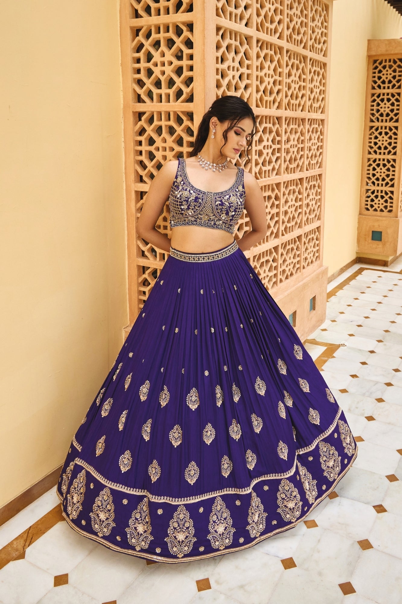 Elegant Navy blue Designer Embroidered Lehenga Set