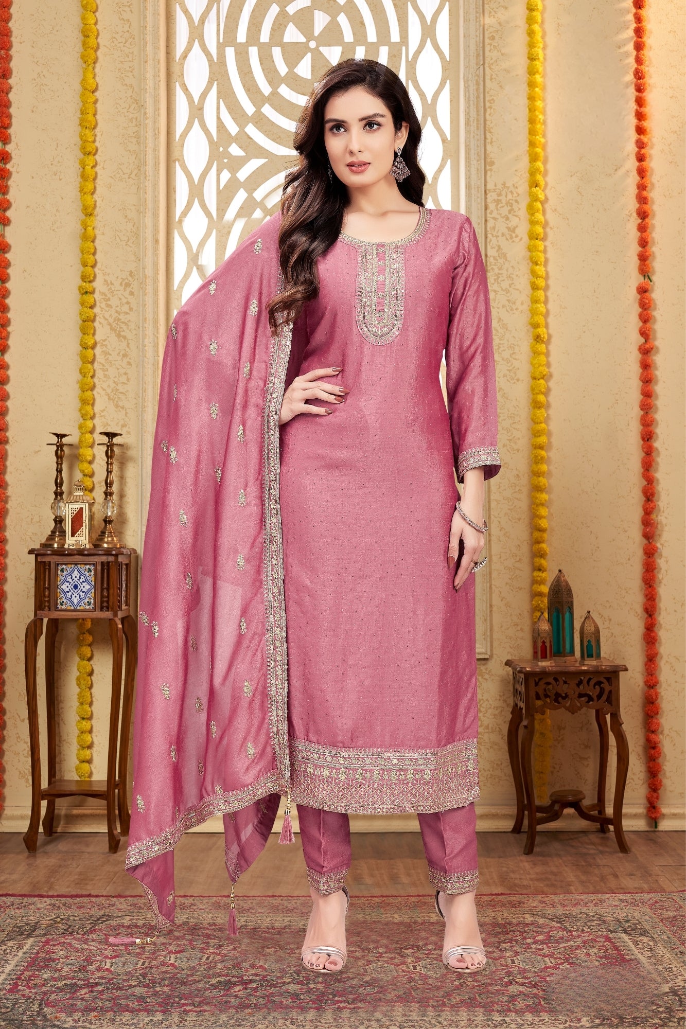 Blush Pink Silk Embroidered Straight Suit with Dupatta