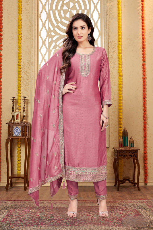 Blush Pink Silk Embroidered Straight Suit with Dupatta