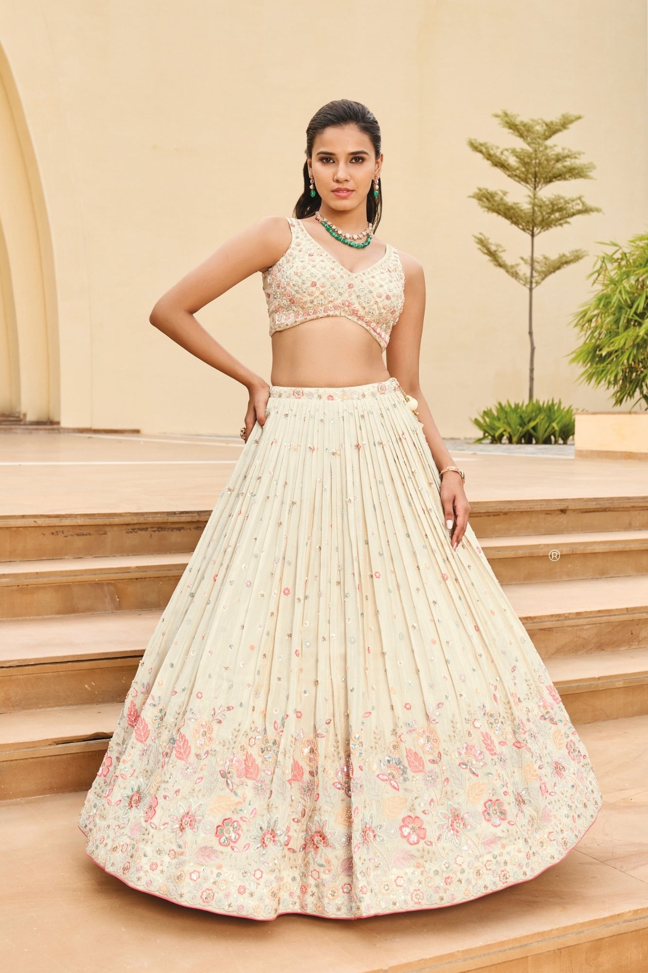 Cream Lehenga Choli Hand Embroidered with Contrast Pink Dupatta