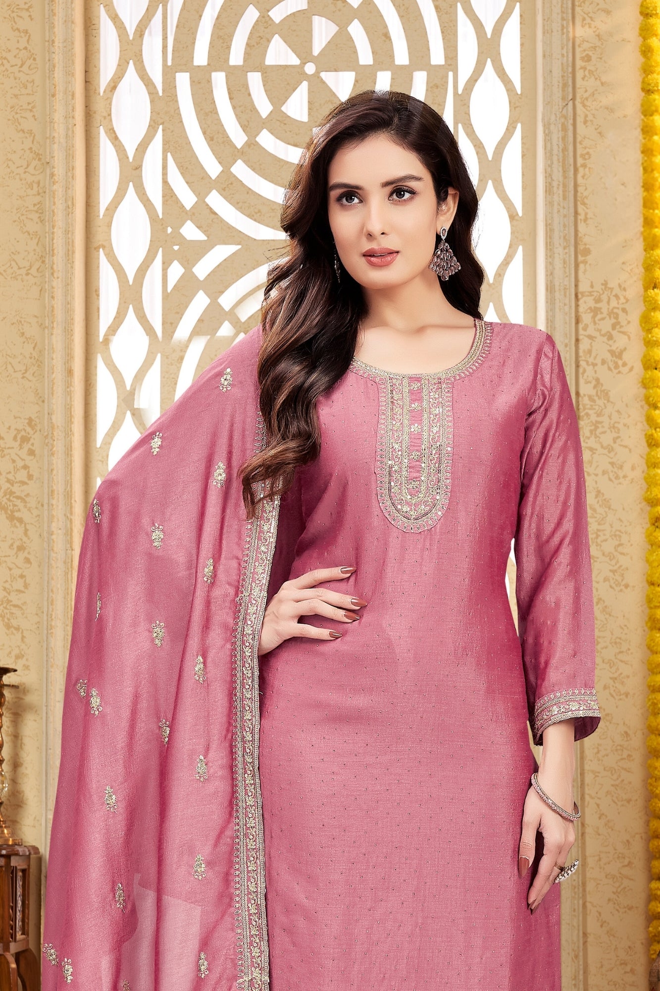 Blush Pink Silk Embroidered Straight Suit with Dupatta
