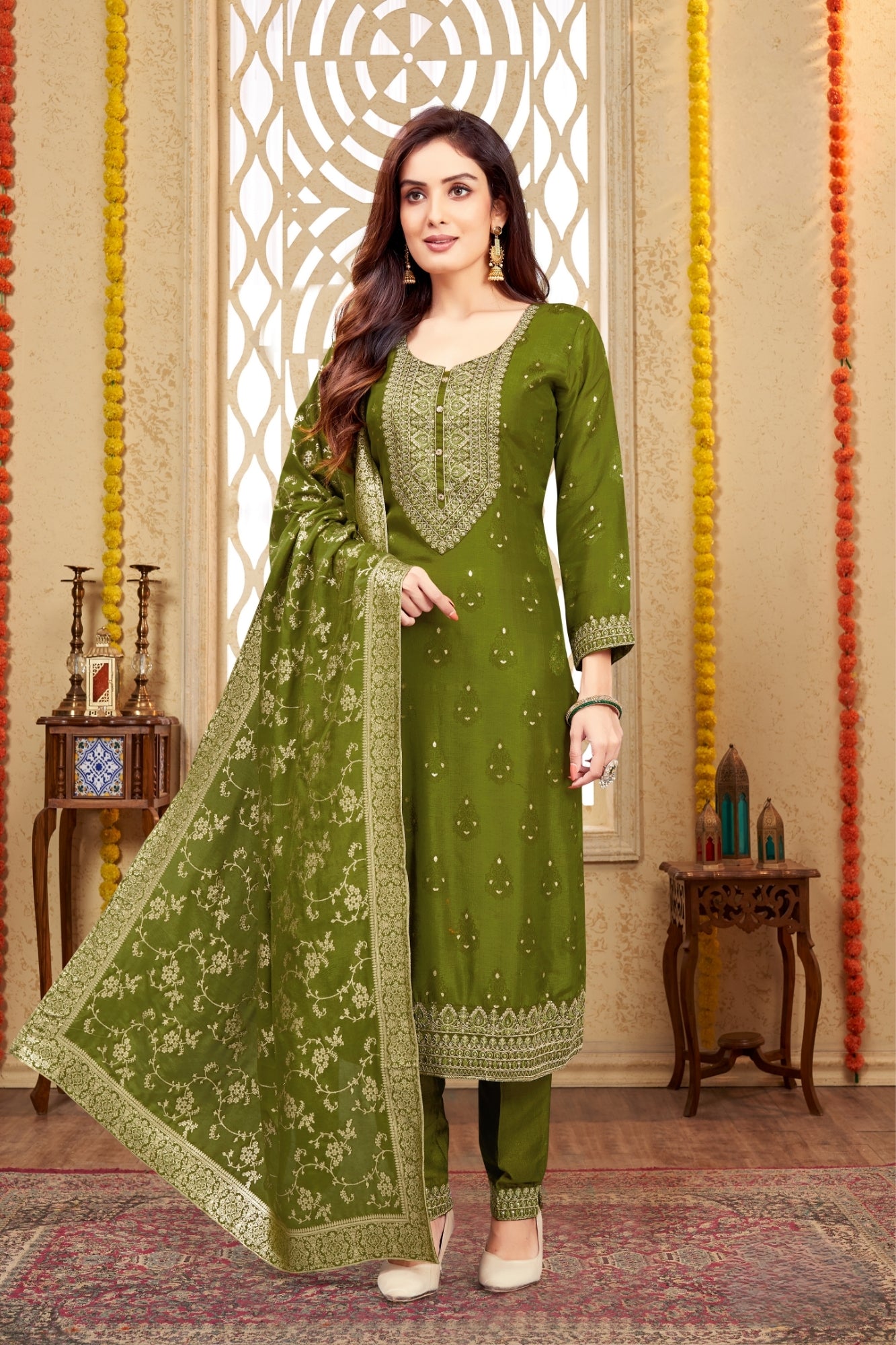 Elegant Green Silk Indian Ethnic Suit with Embroidered Dupatta