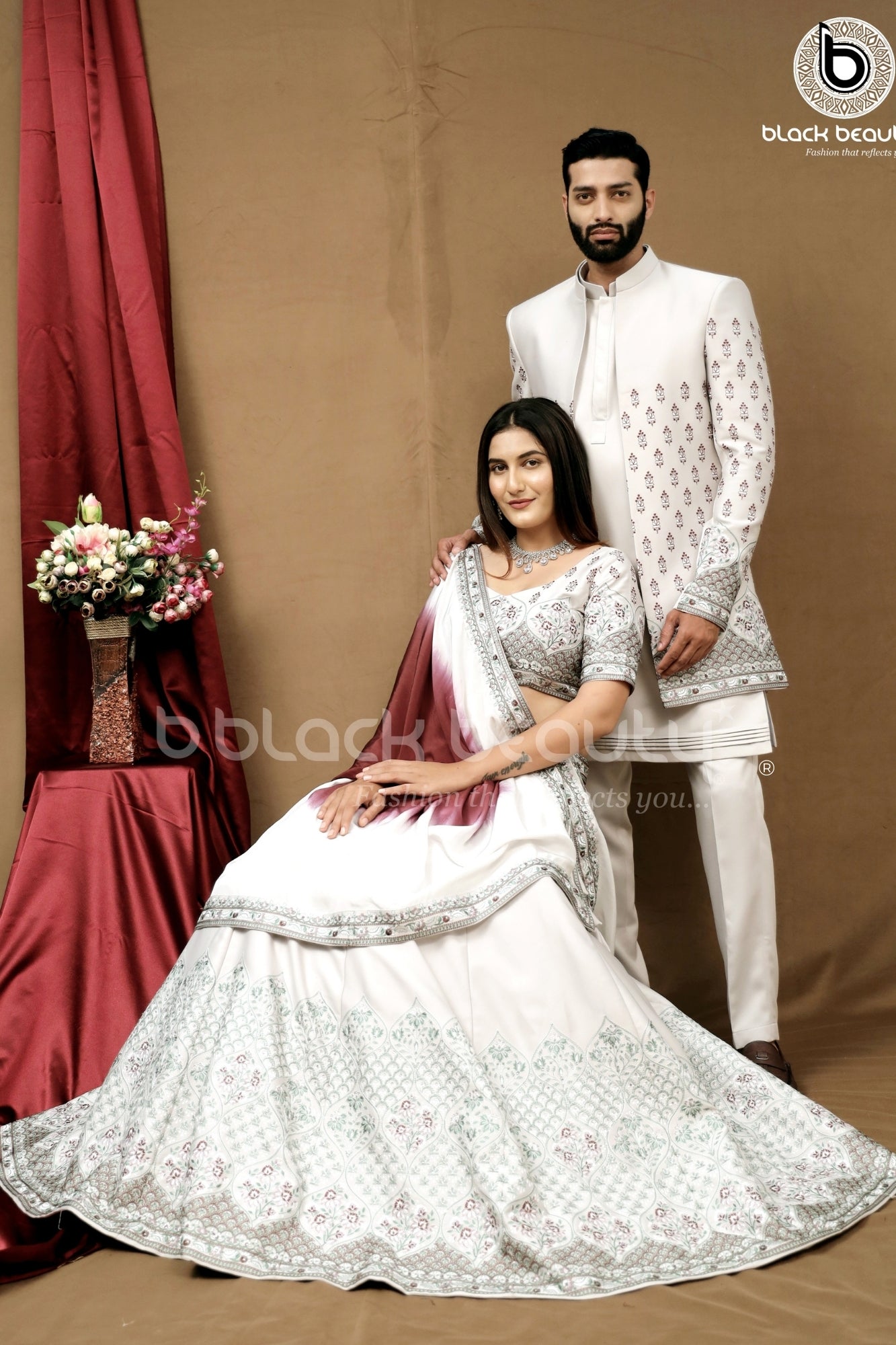 Elegant Couple Set: Men's Indo Western Sherwani and Women's Designer Lehenga Choli