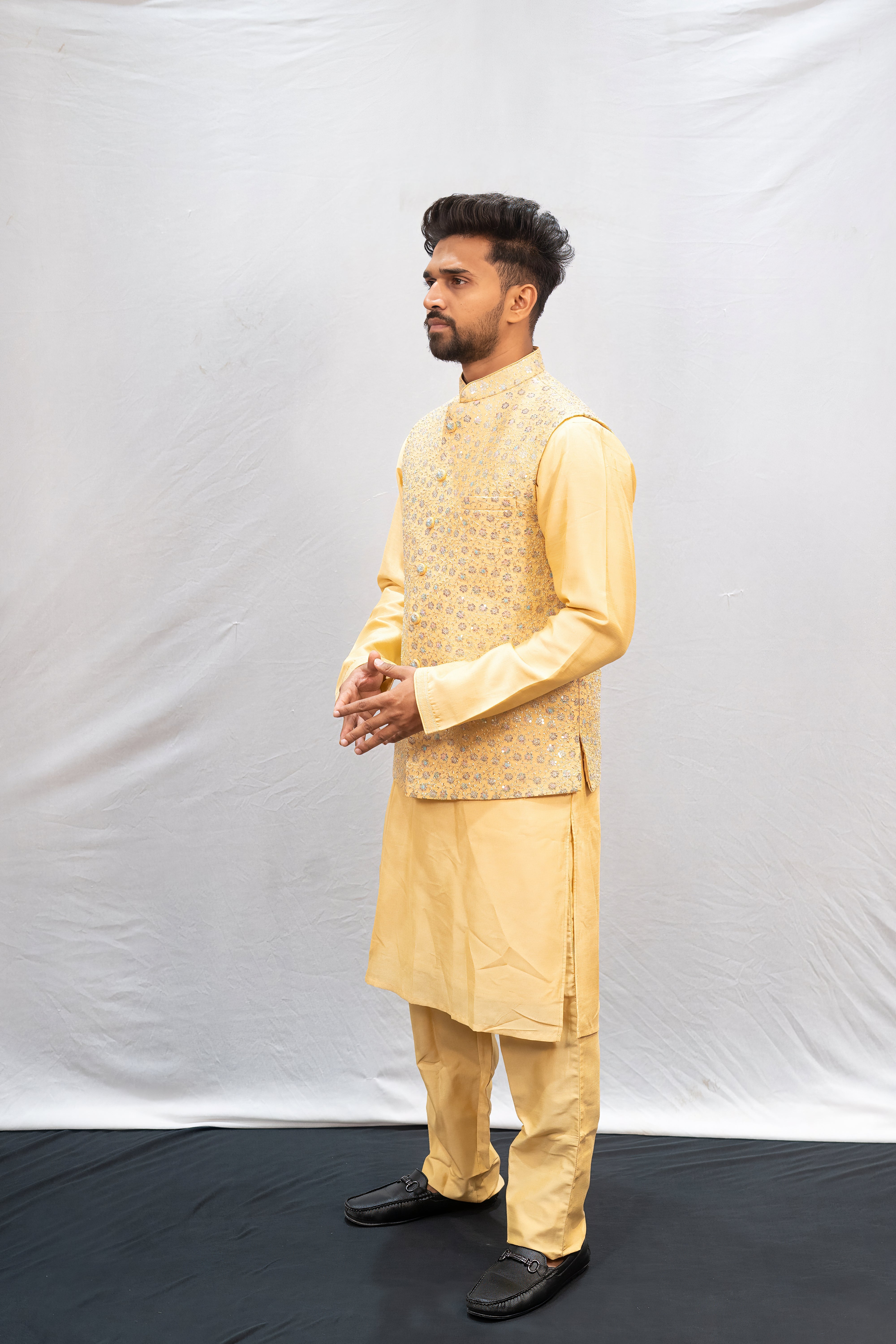 Elegant Golden Embroidered Jacket Kurta Set for Men