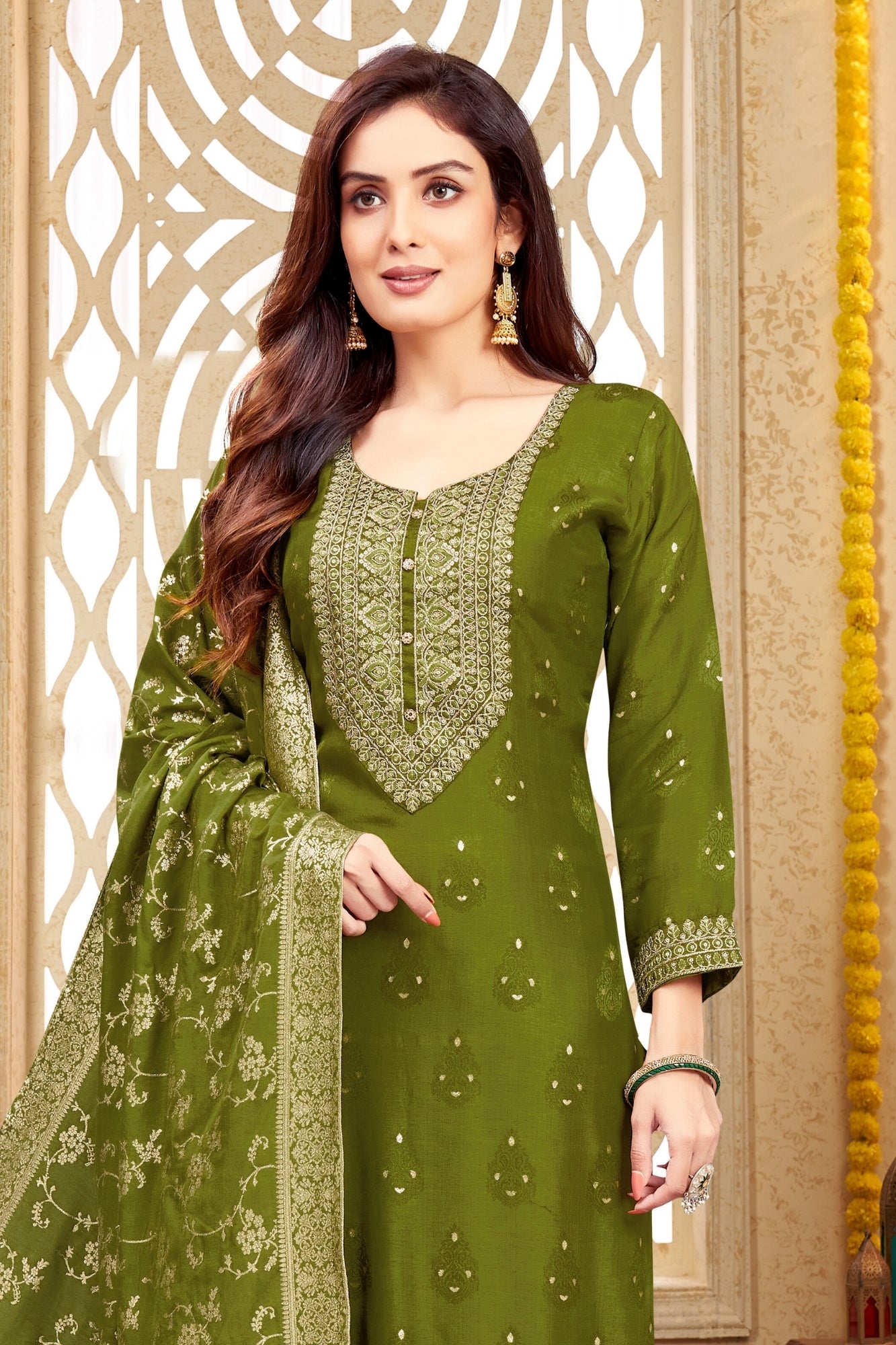 Elegant Green Silk Indian Ethnic Suit with Embroidered Dupatta