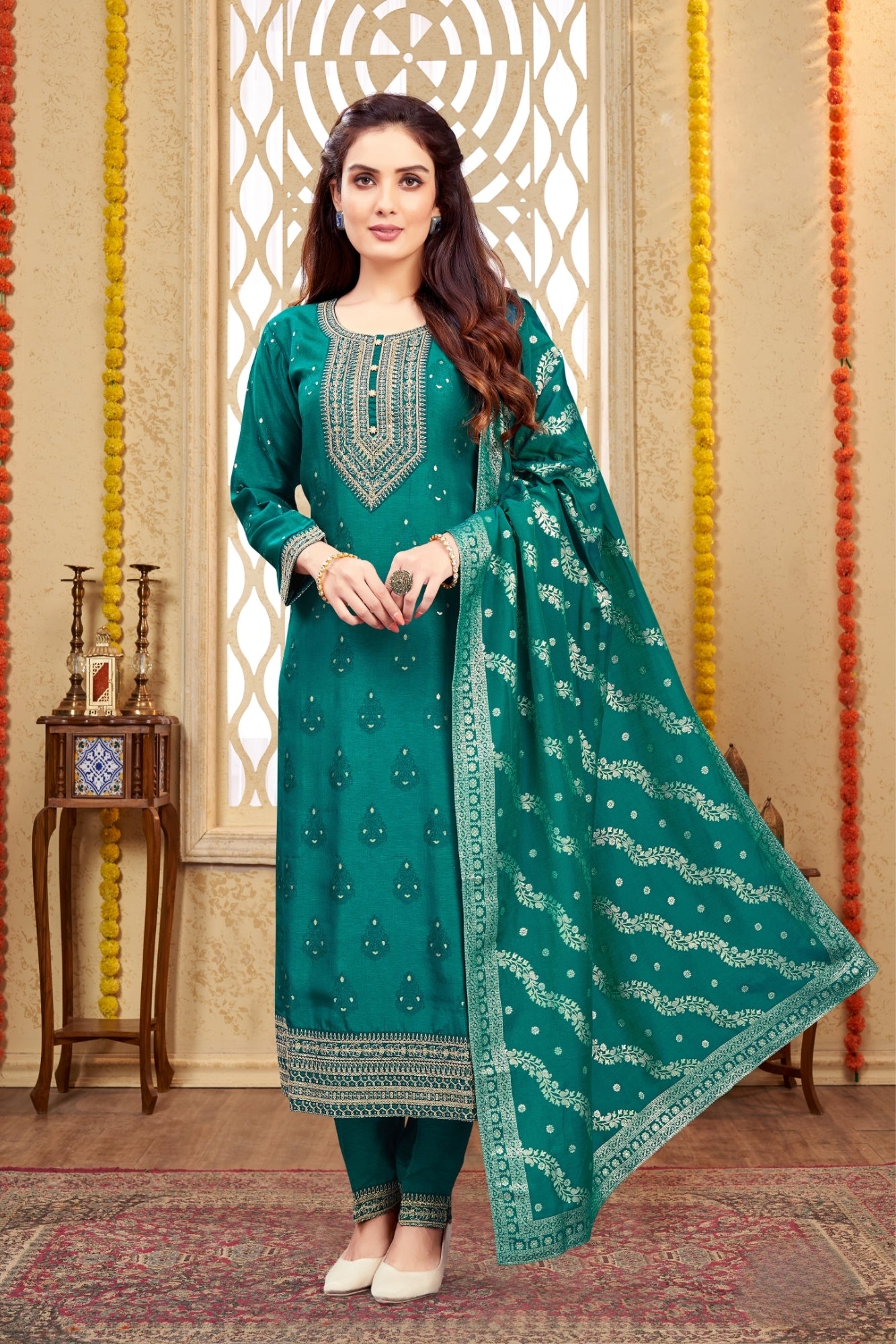 Teal Silk Embroidered Indian Ethnic Suit with Dupatta
