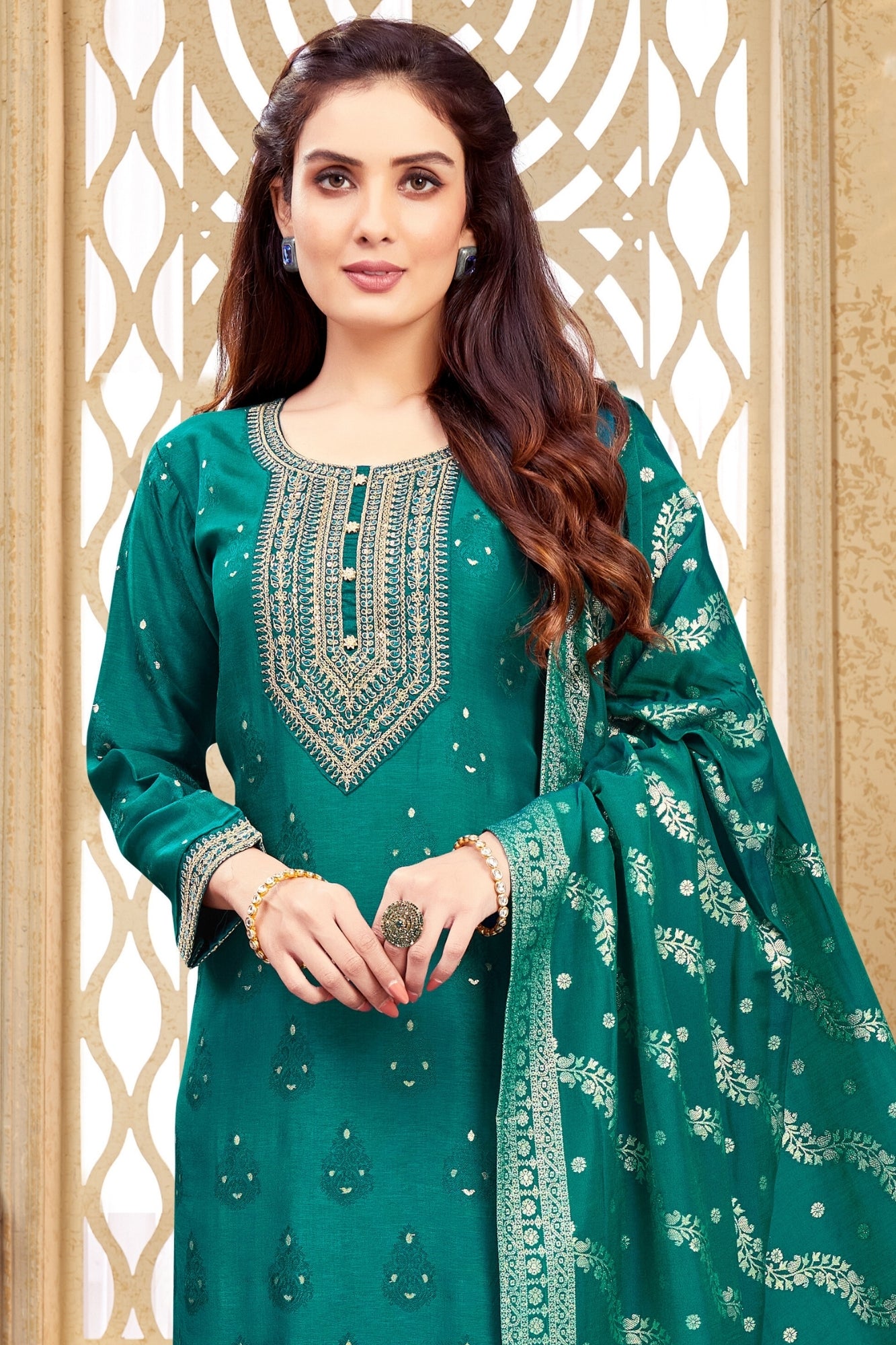 Teal Silk Embroidered Indian Ethnic Suit with Dupatta