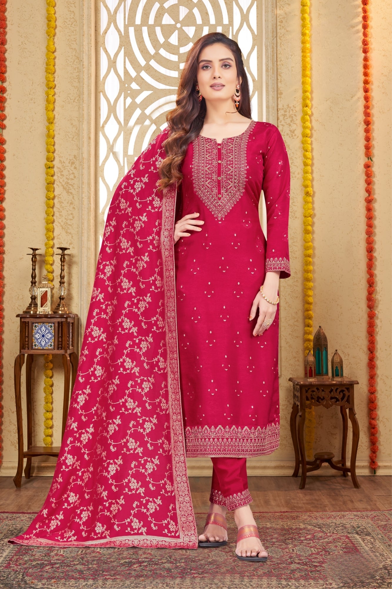 Pink Silk Embroidered Indian Ethnic Suit with Dupatta