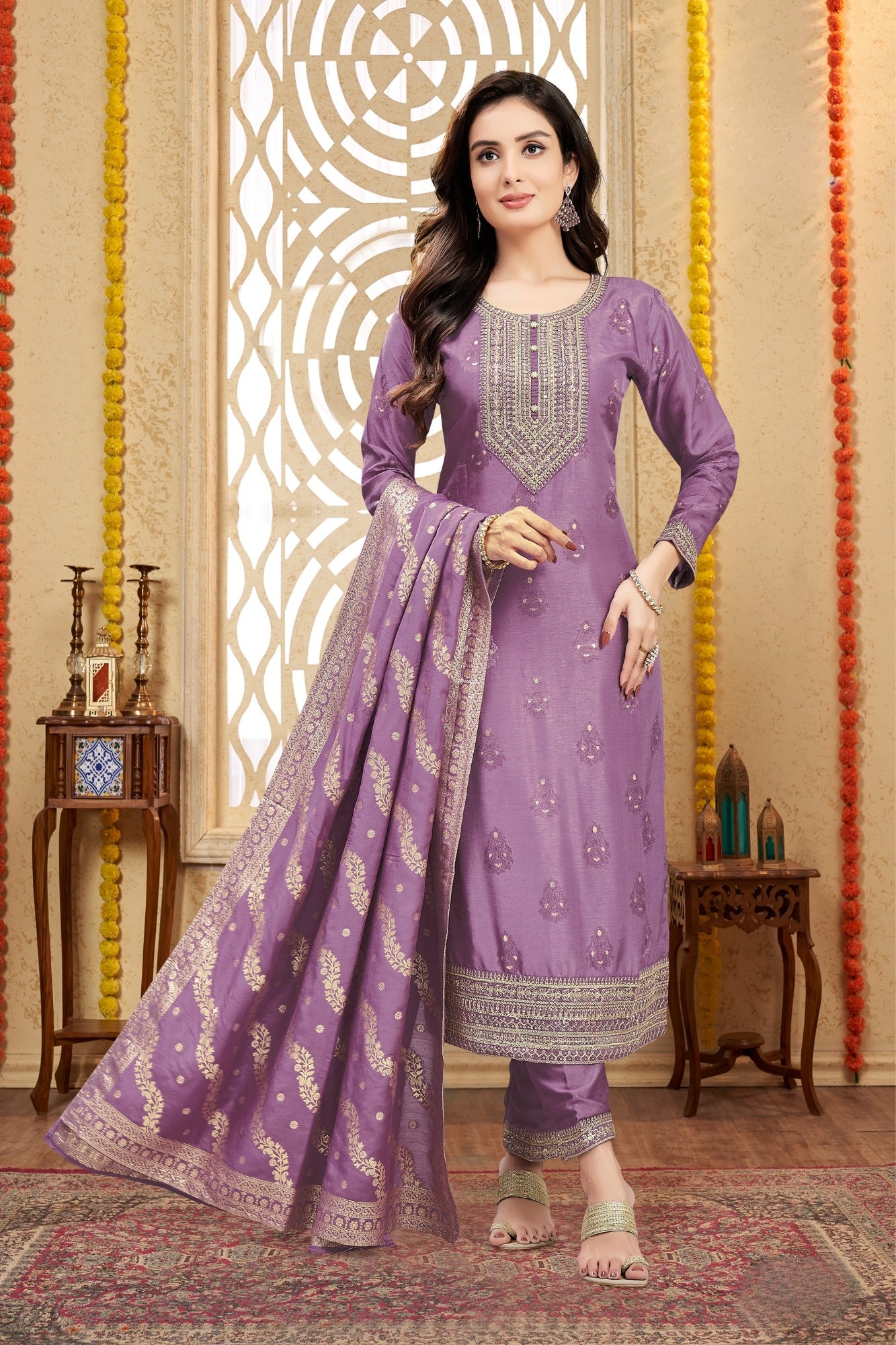 Lavender Silk Embroidered Indian Ethnic Suit with Dupatta