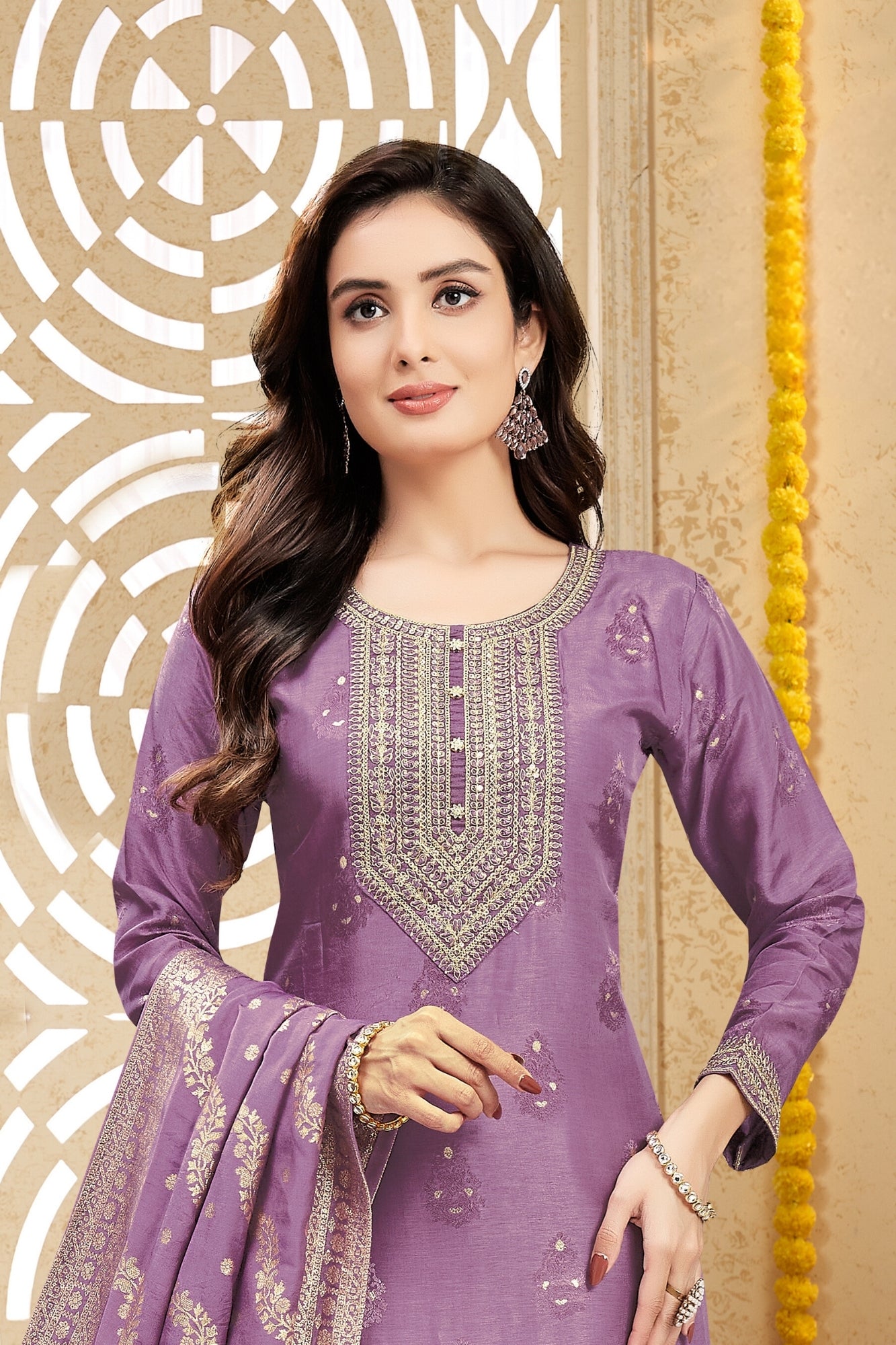 Lavender Silk Embroidered Indian Ethnic Suit with Dupatta