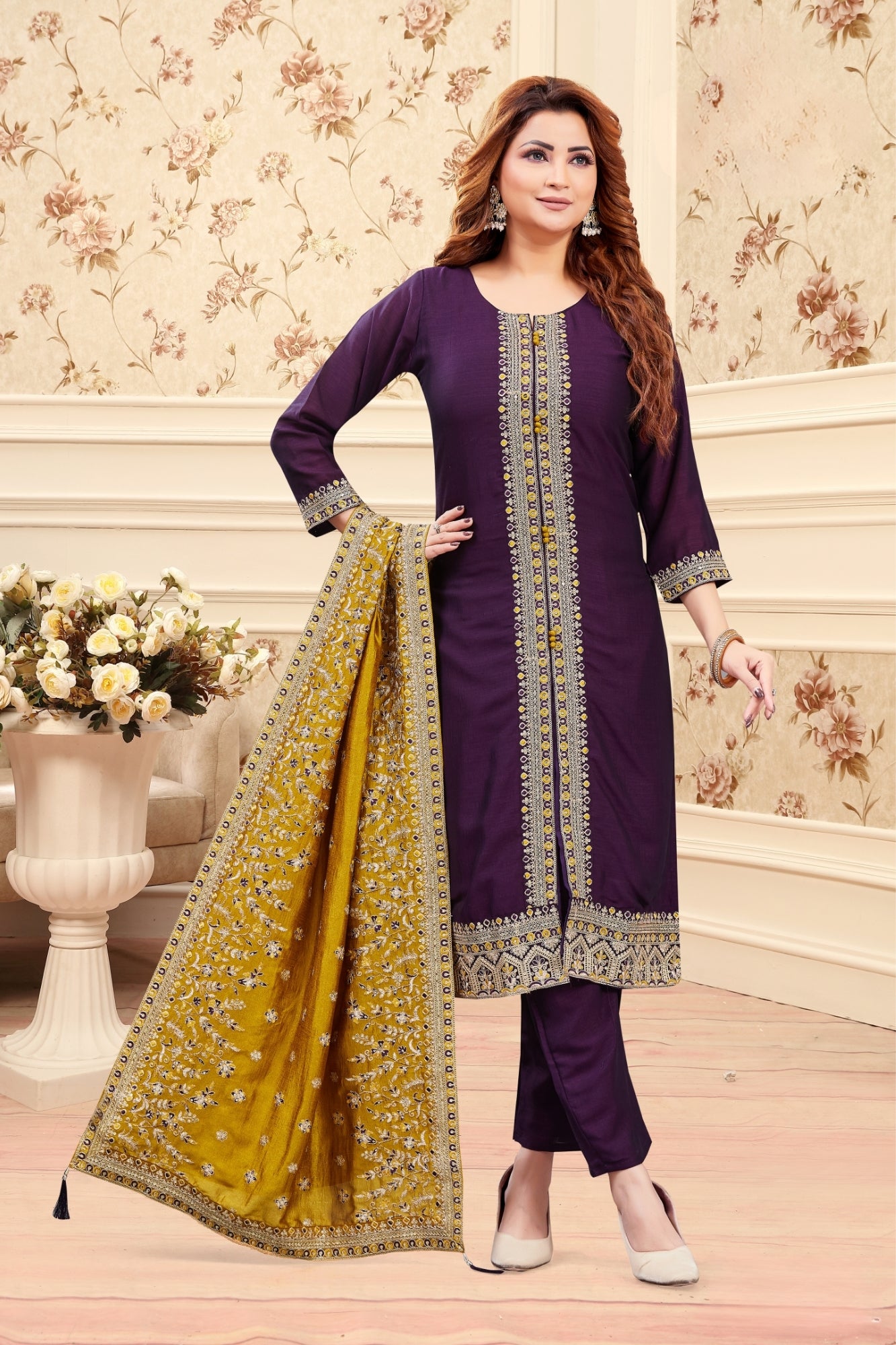 Deep Purple Silk Embroidered Suit with Mustard Dupatta