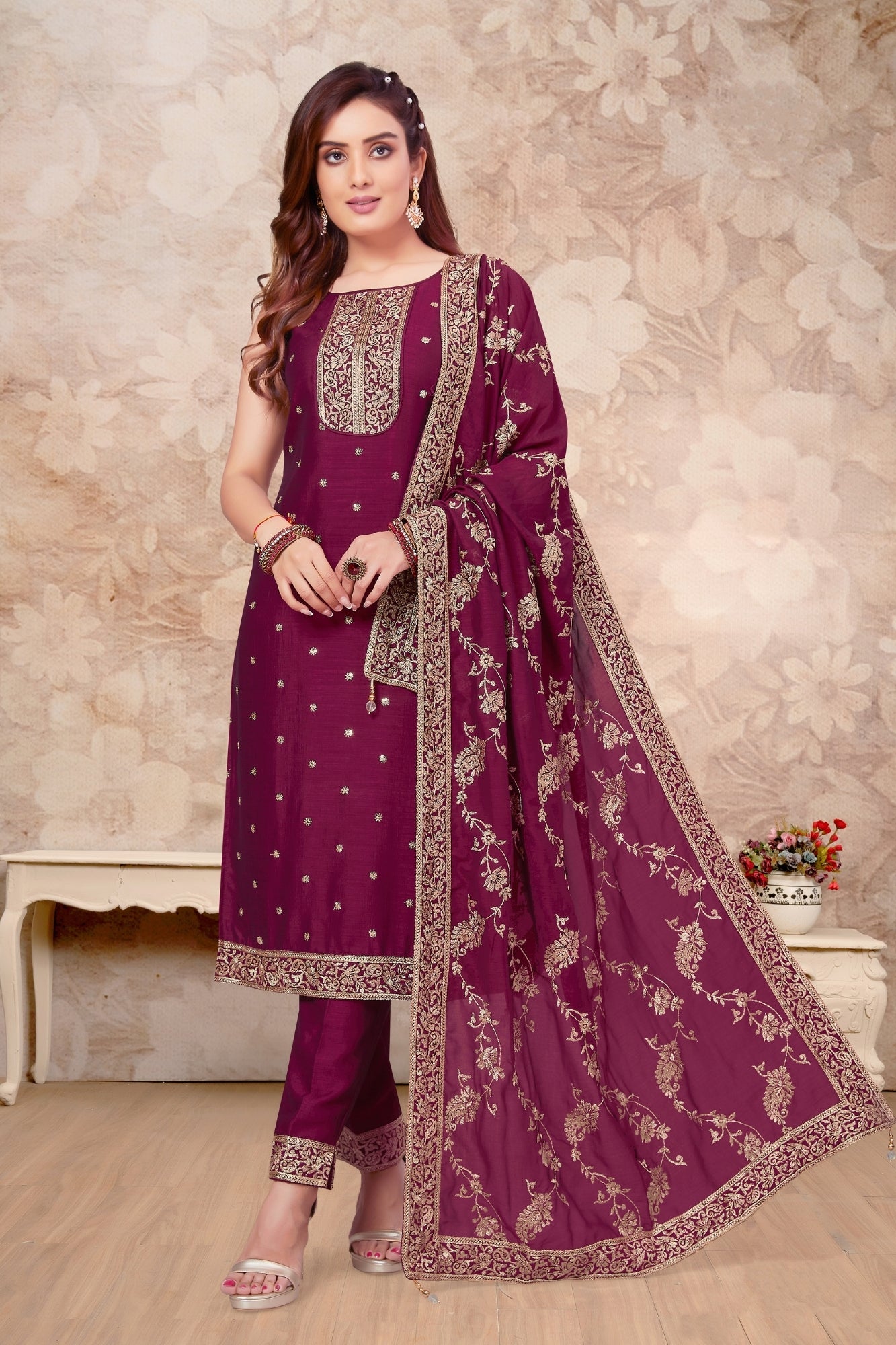 Purple Silk Embroidered Pant Suit Set