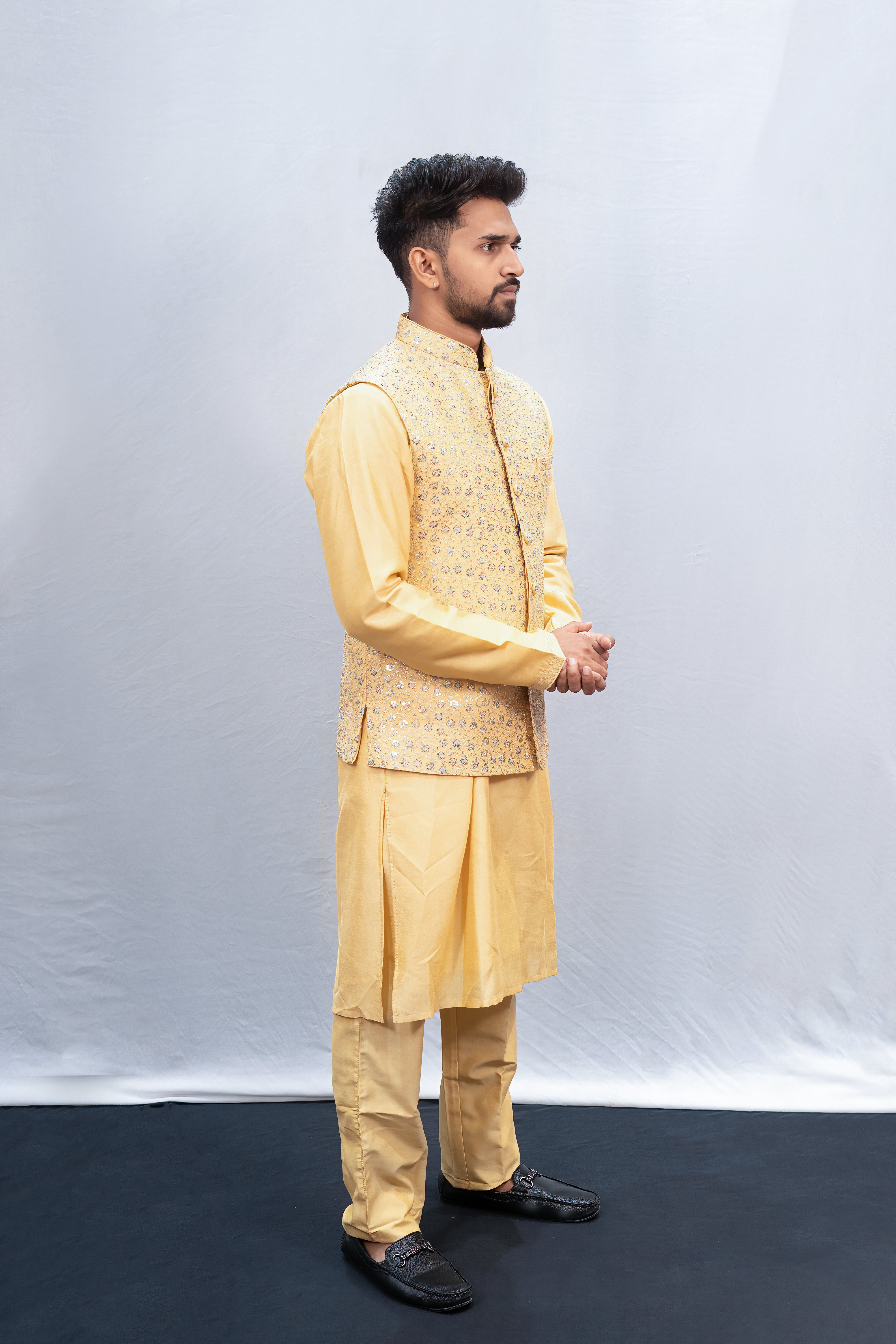 Elegant Golden Embroidered Jacket Kurta Set for Men