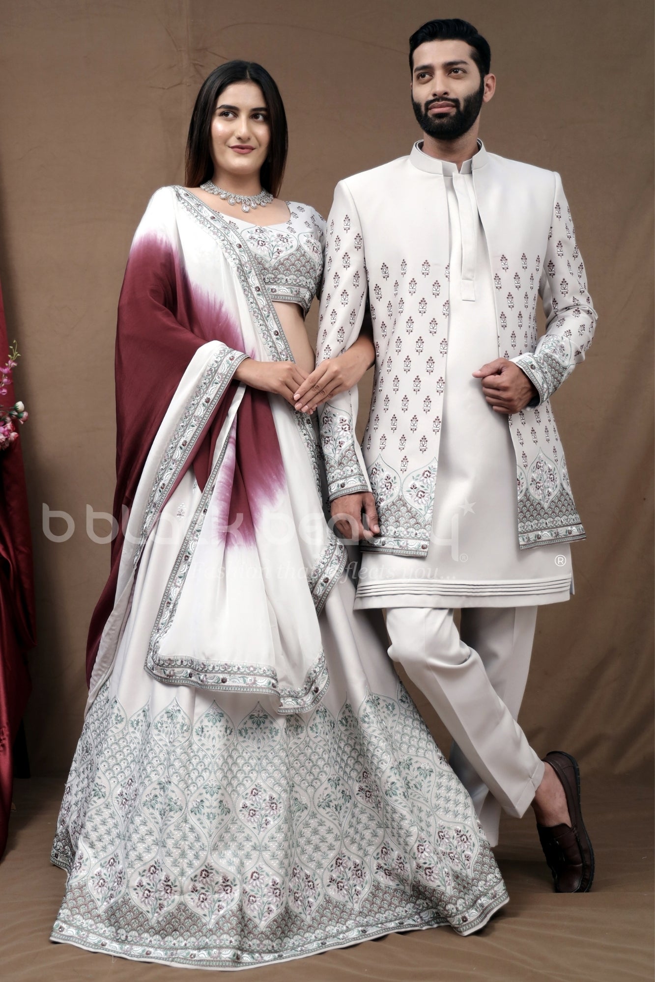 Elegant Couple Set: Men's Indo Western Sherwani and Women's Designer Lehenga Choli