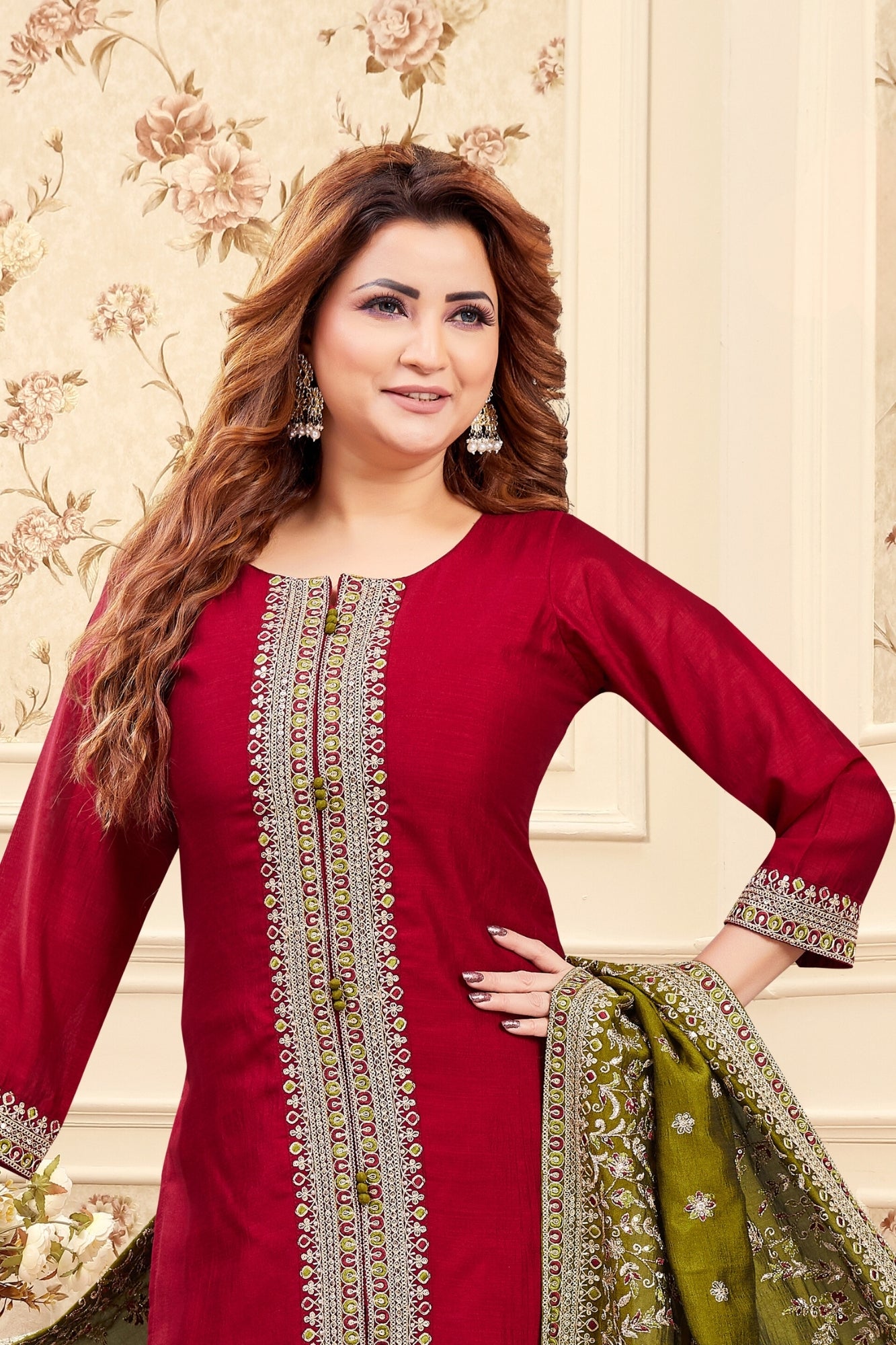 Red Silk Embroidered Suit with Olive Green Dupatta