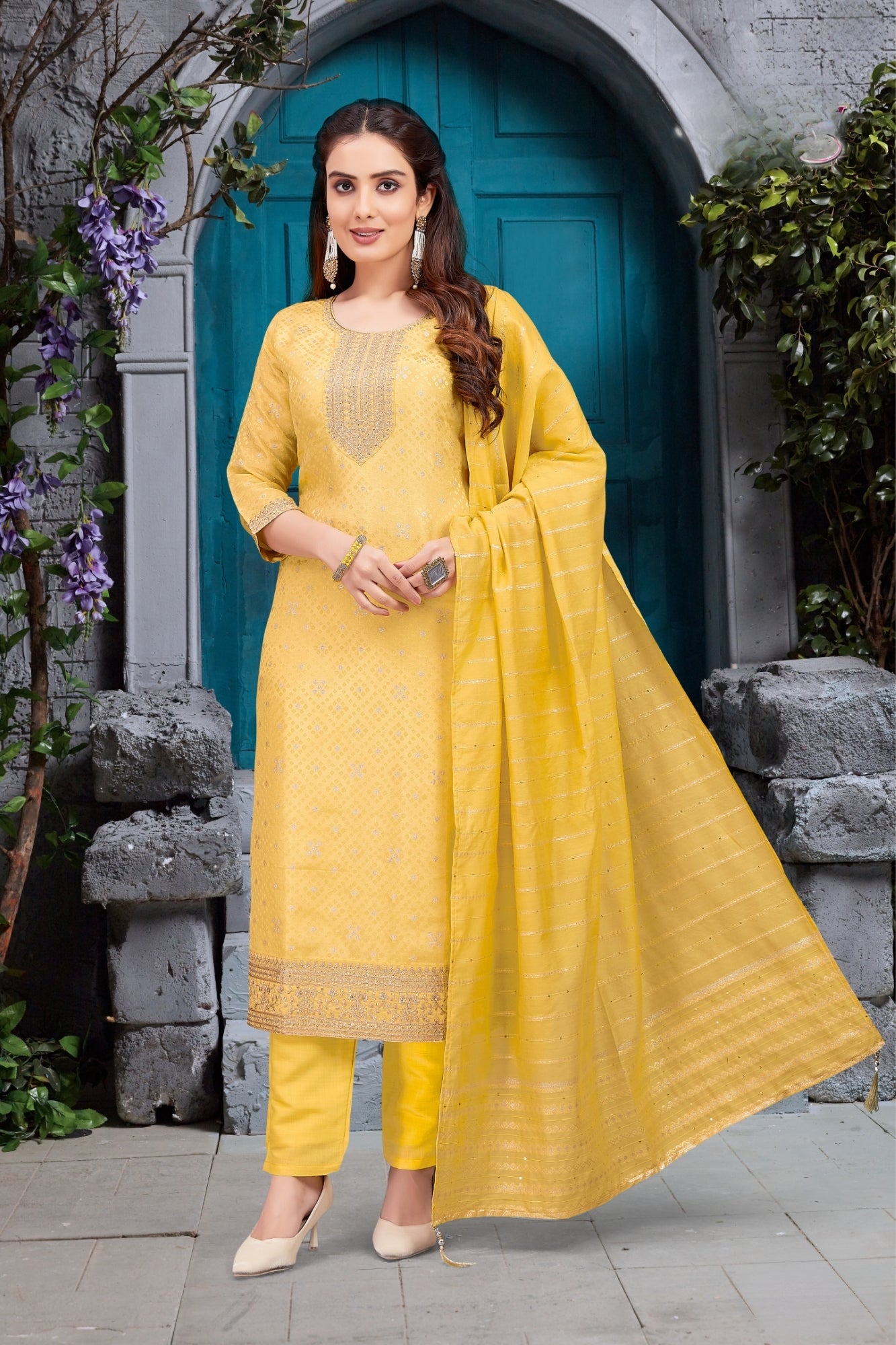 Elegant Yellow Embroidered Straight-Cut Pant Dress with Dupatta