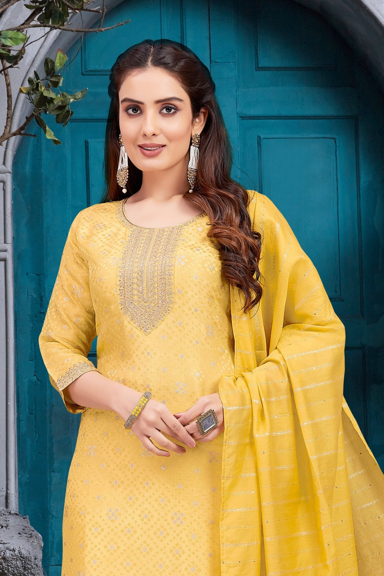 Elegant Yellow Embroidered Straight-Cut Pant Dress with Dupatta