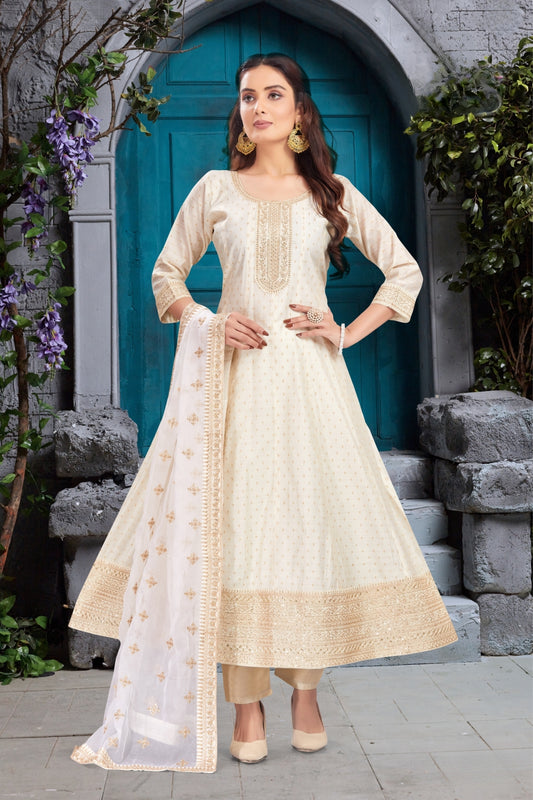 Graceful Ivory Embroidered Anarkali Pant Dress with Dupatta