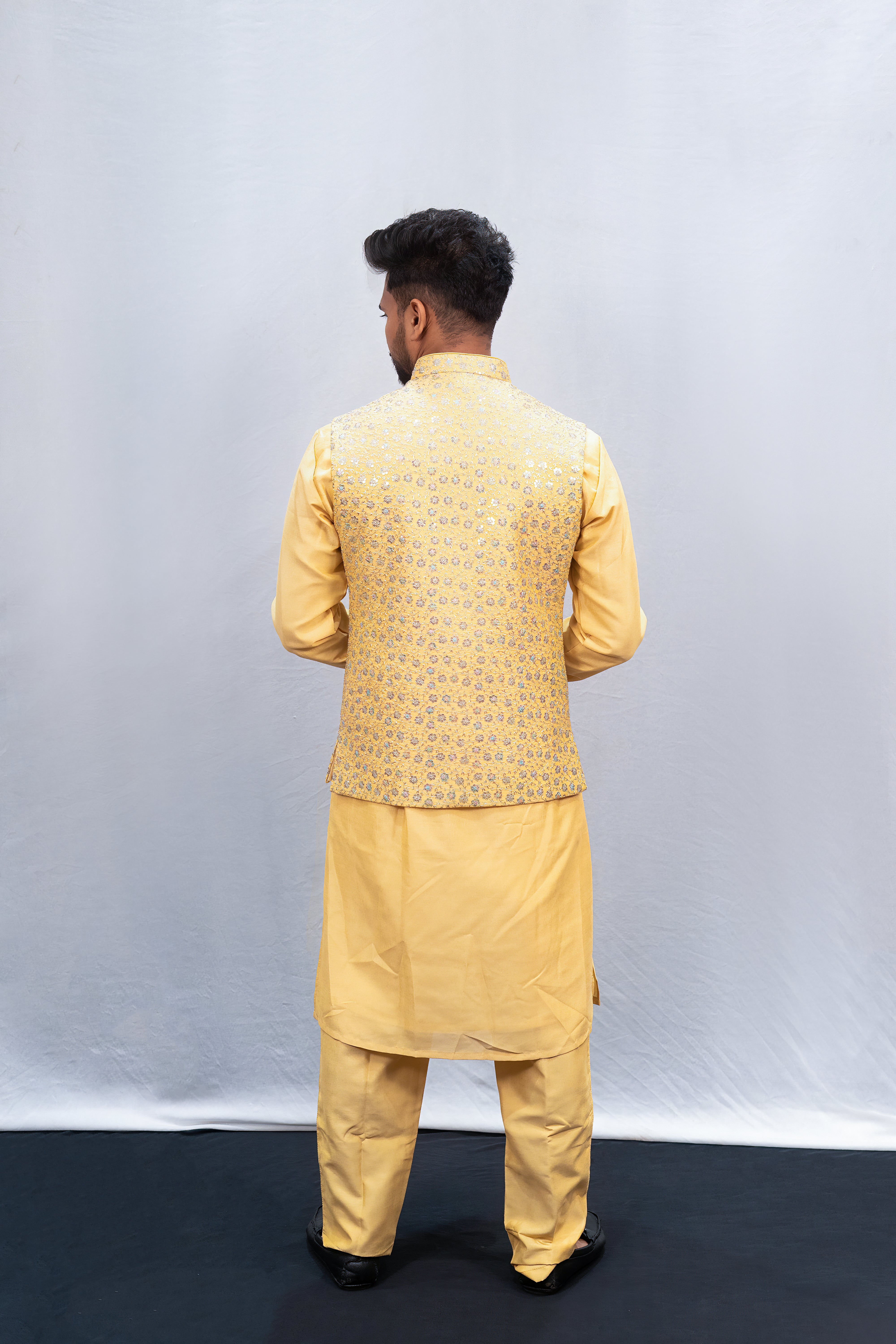 Elegant Golden Embroidered Jacket Kurta Set for Men