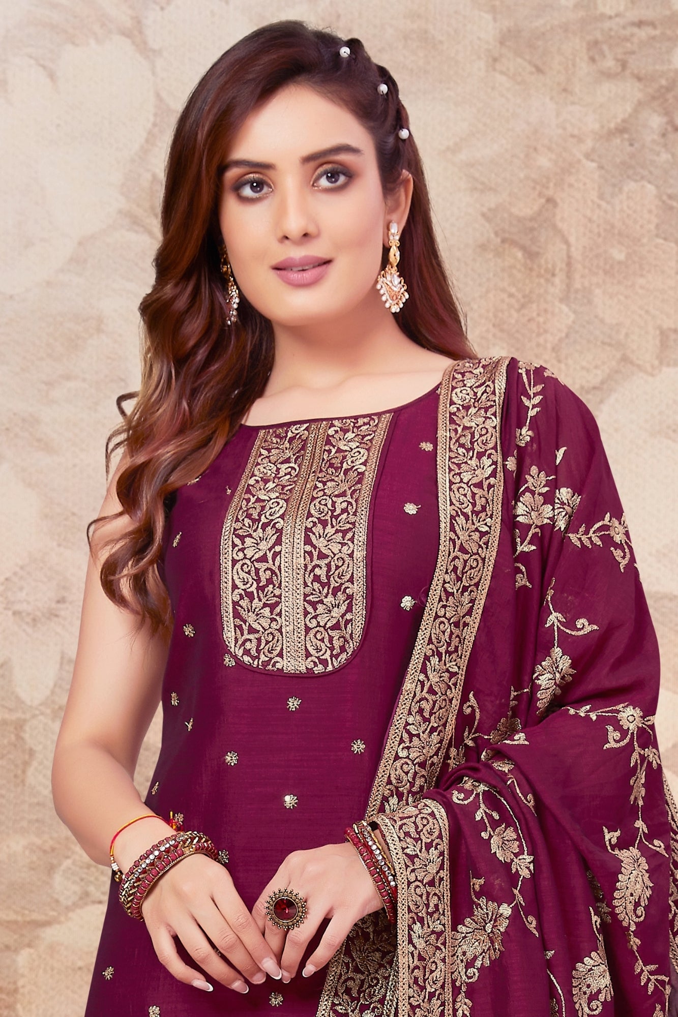 Purple Silk Embroidered Pant Suit Set