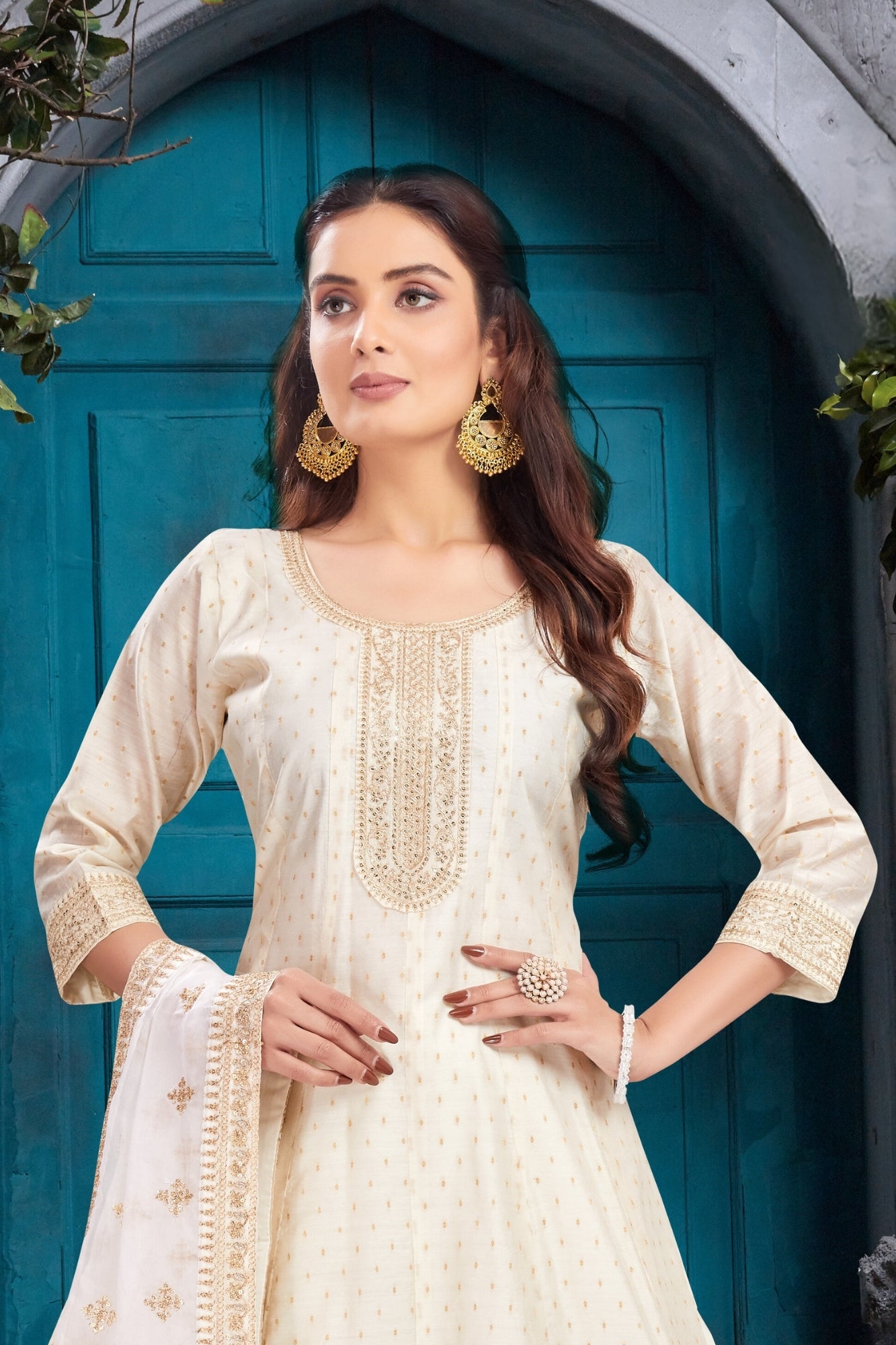 Graceful Ivory Embroidered Anarkali Pant Dress with Dupatta
