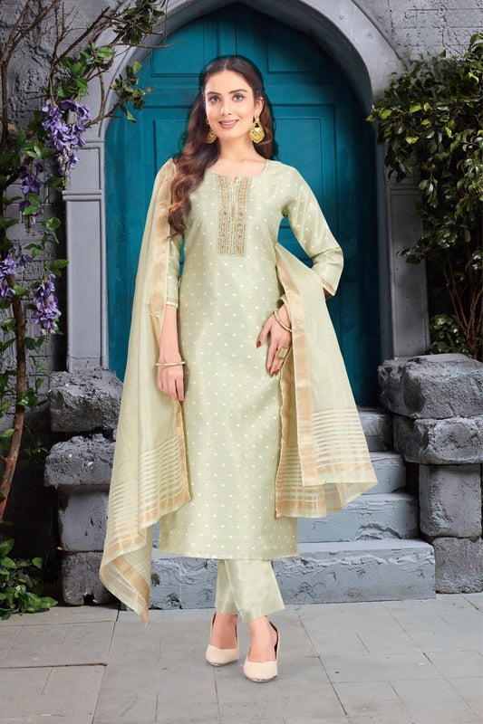 Light Green Embroidered Straight-Cut Pant Dress with Golden Border Dupatta