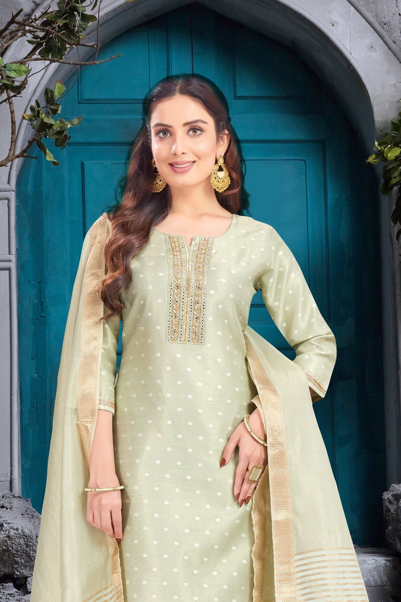Light Green Embroidered Straight-Cut Pant Dress with Golden Border Dupatta