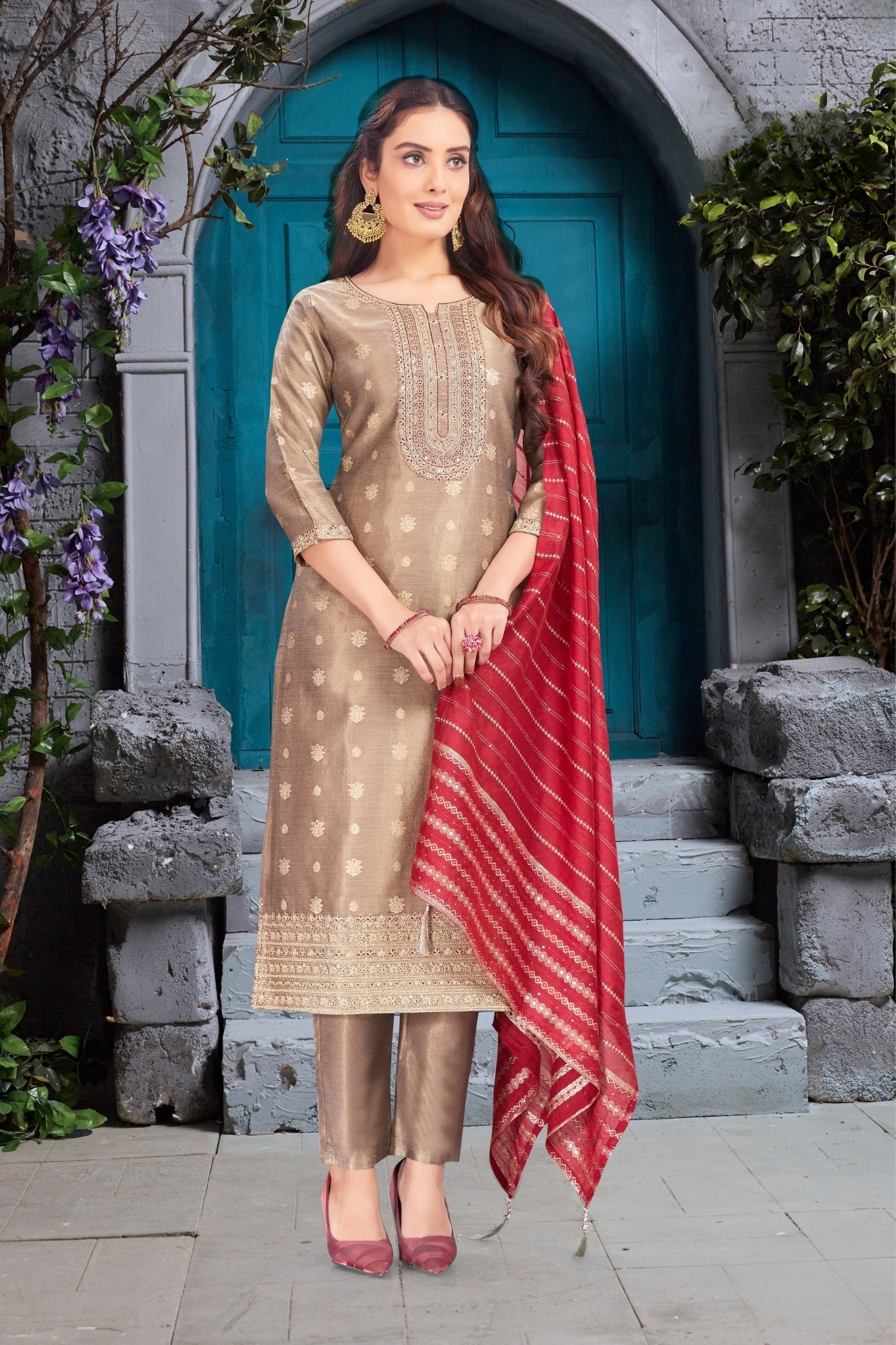Elegant Brown Embroidered Straight-Cut Pant Dress with Red Dupatta