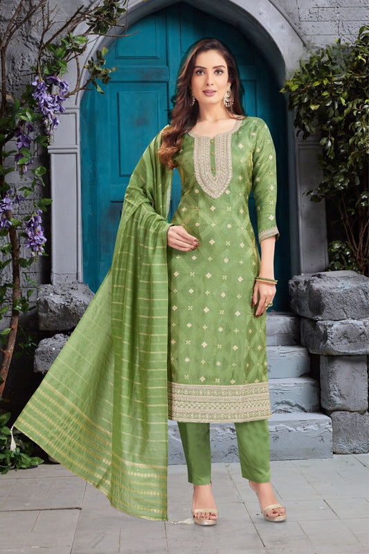 Green Straight-Cut Pant Dress with Intricate Embroidery and Striped Dupatta