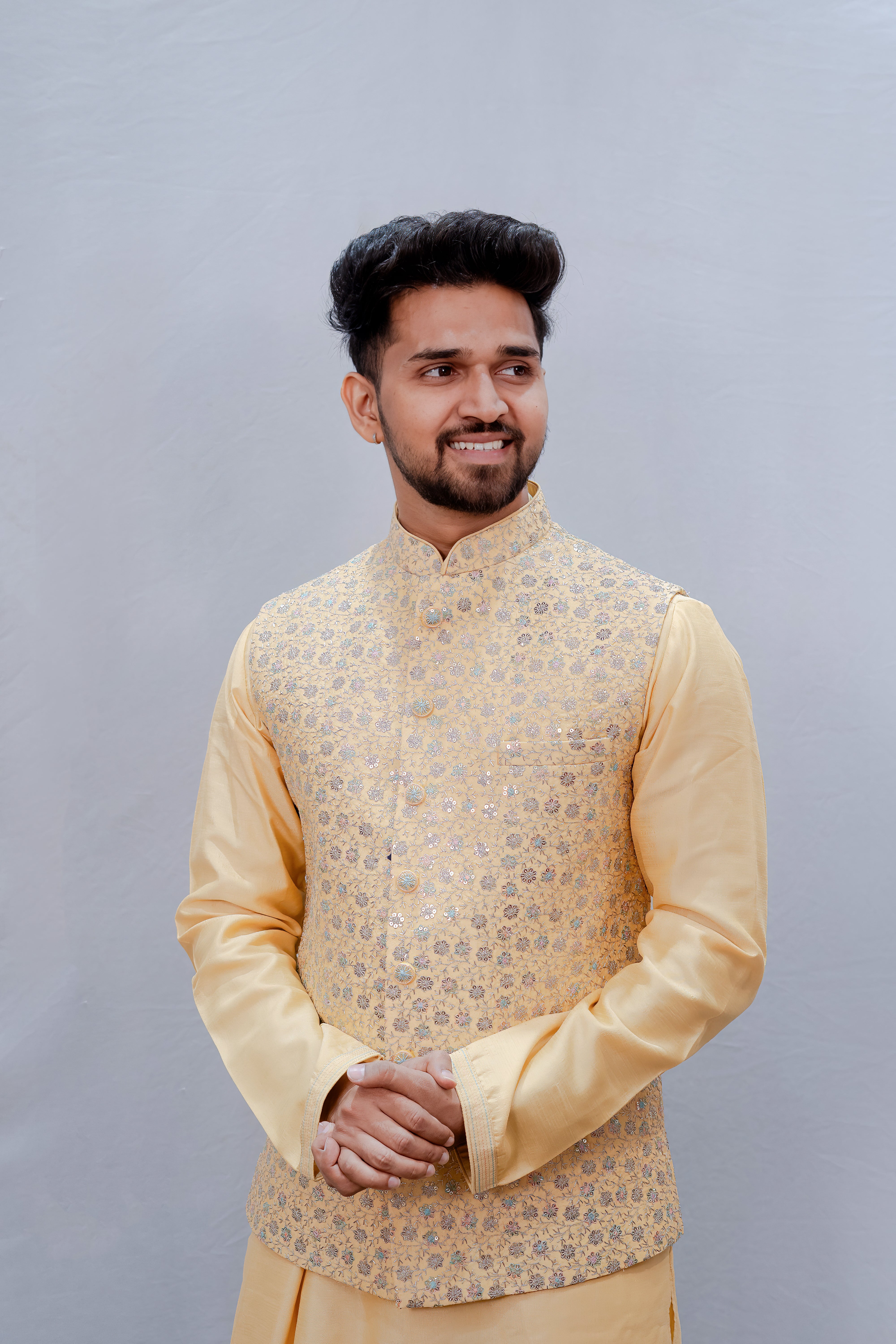 Elegant Golden Embroidered Jacket Kurta Set for Men