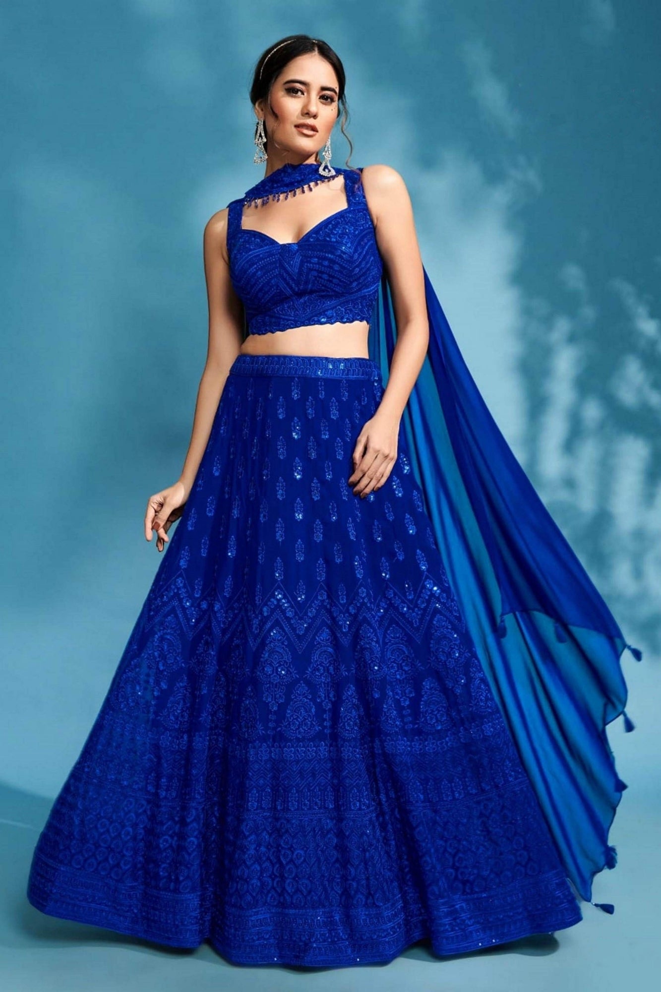 Royal Blue Georgette Sequins and Threadwork Embroidered 3-Piece Lehenga