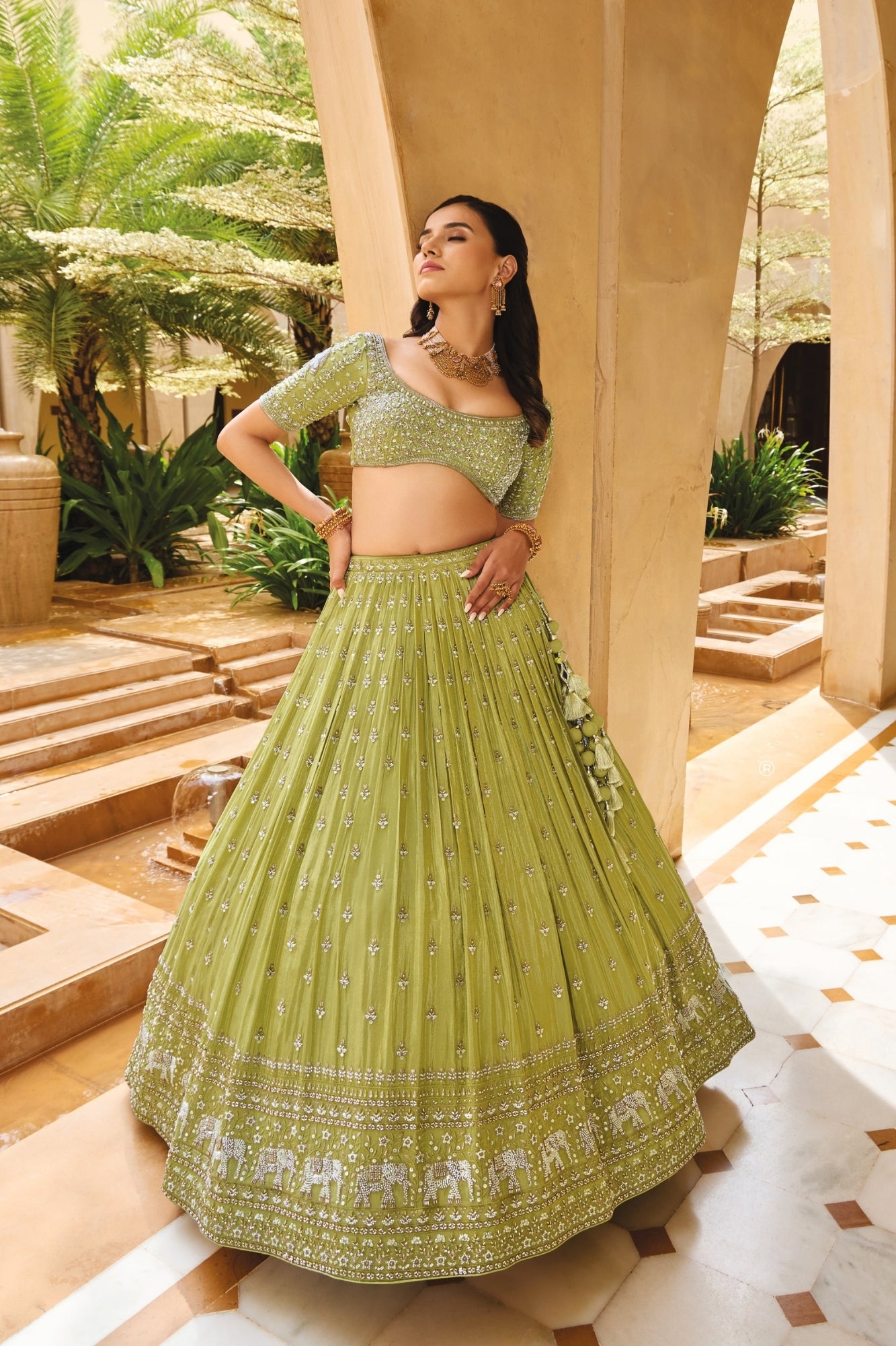Wedding wear light green silk lehenga choli