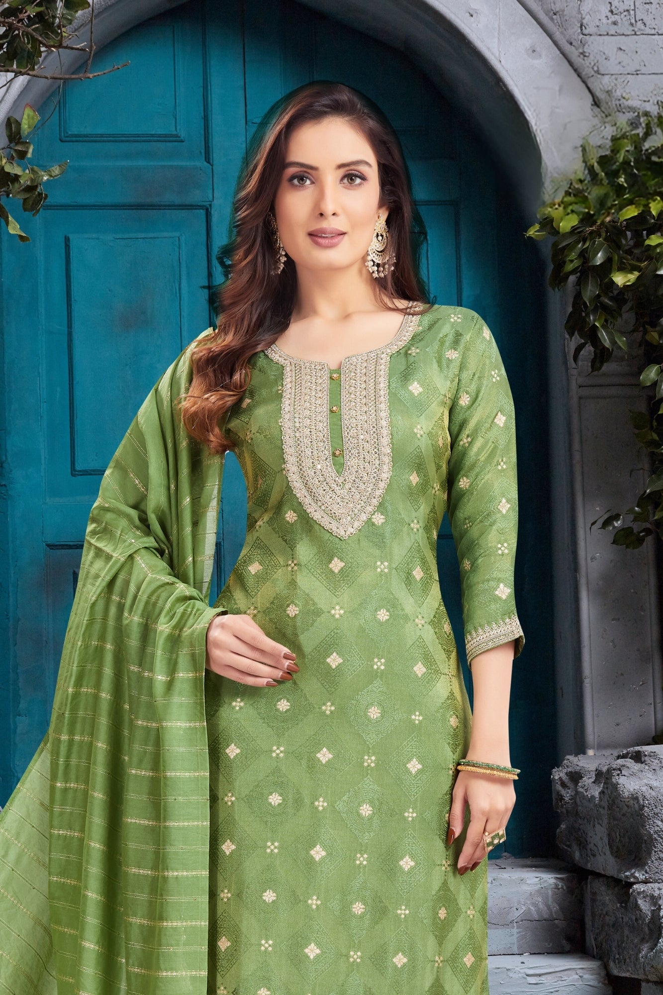 Green Straight-Cut Pant Dress with Intricate Embroidery and Striped Dupatta